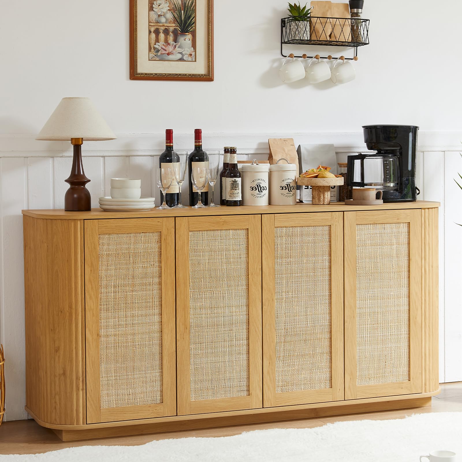 SZTHHDF 64" Sideboard Buffet Rattan Cabinet, Modern Fluted Credenza with Adjustable Shelves, Wooden Storage Cabinet TV Stand for Living Room Kitchen