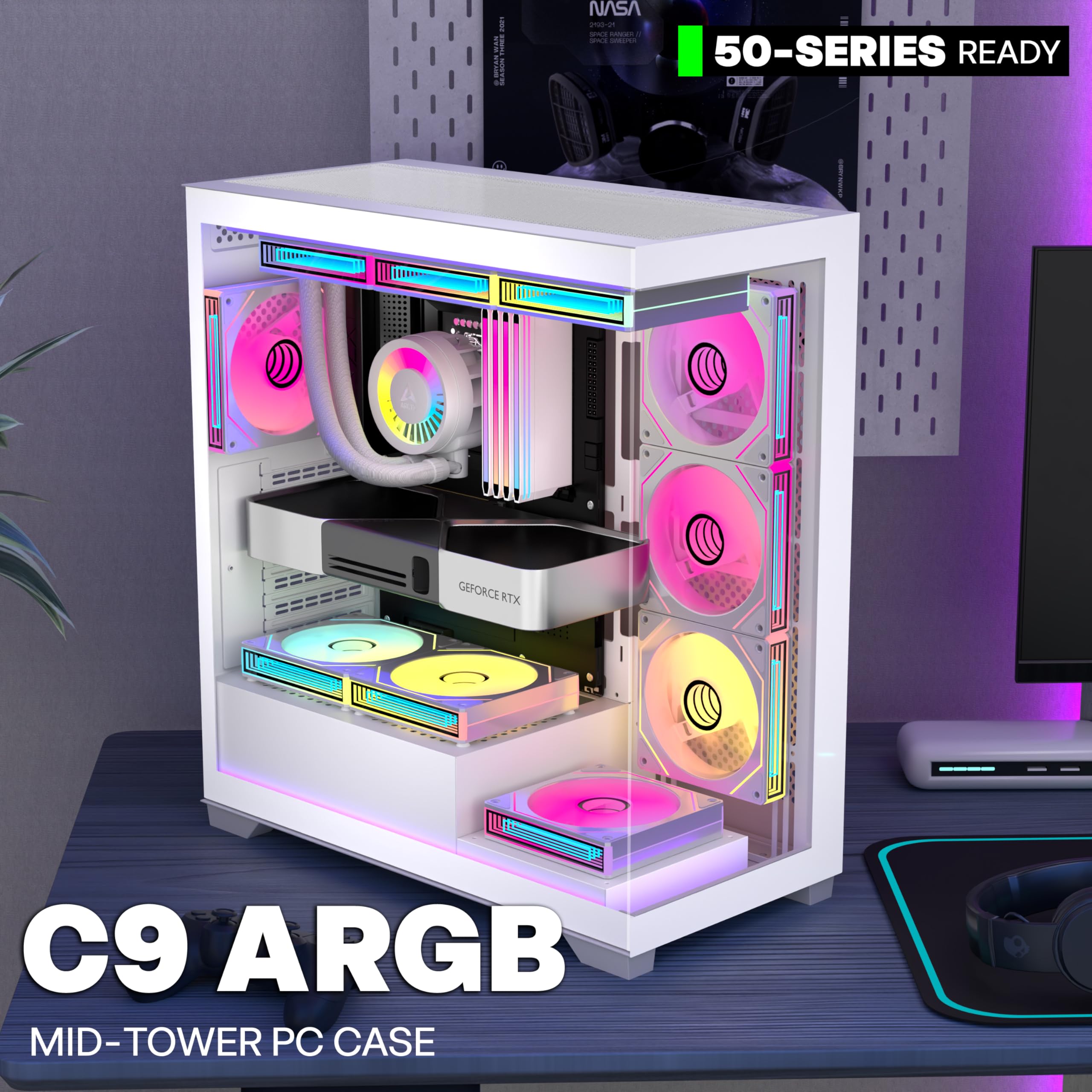 ANSAITE ATX PC-Gehäuse 7×120 mm ARGB PWM-Lüfter vorinstalliert ，Mid-Tower Gaming PC-Gehäuse, Vollansichtiges Doppel-Hartglas Computer-Gehäuse mit Type-C, 360mm Radiator Unterstützung