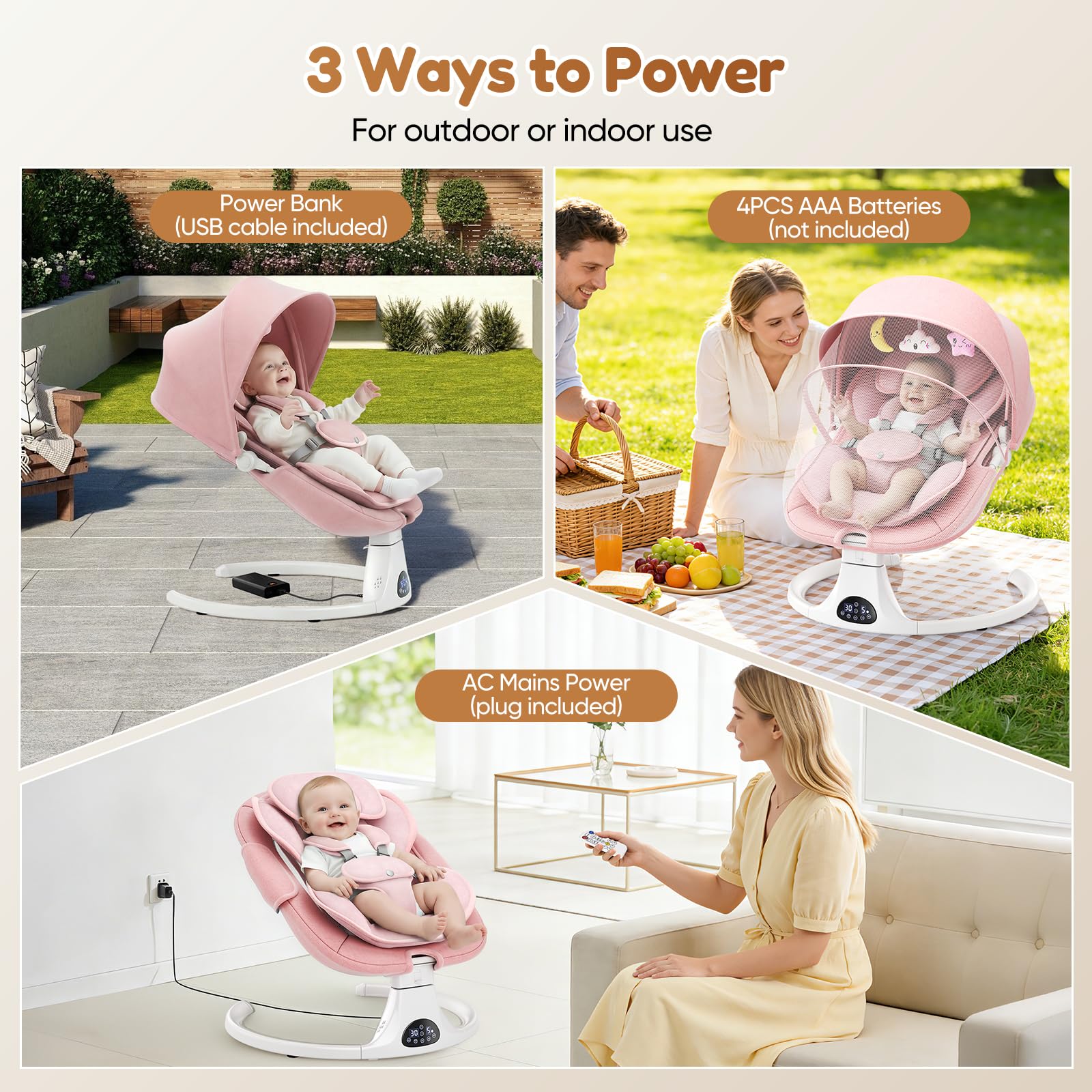 Balançoire électrique pour bébé, 5 positions de balançoire, 3 positions | Musique Bluetooth, télécommande, 10 berceuses, harnais 5 points, siège et auvent en maille, design portable pour la maison et