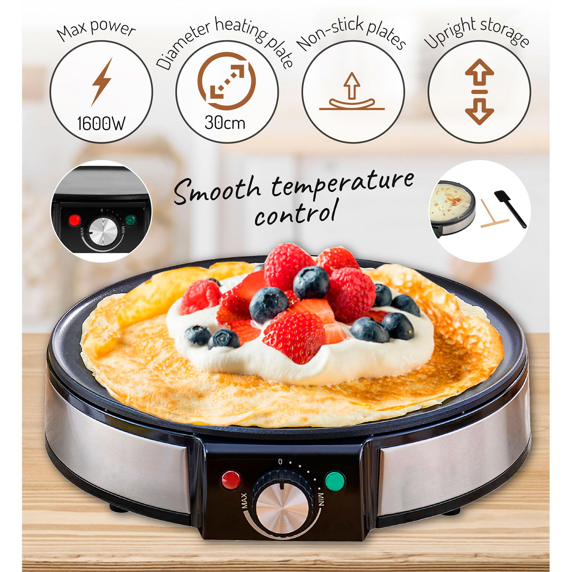 briebe CM1137 Crepera, Máquina de hacer Crepes, Tortitas, Panqueques, Plato 30cm de Diámetro, Placa Antiadherente, Temperatura Regulable, 1600 W, Color Negro