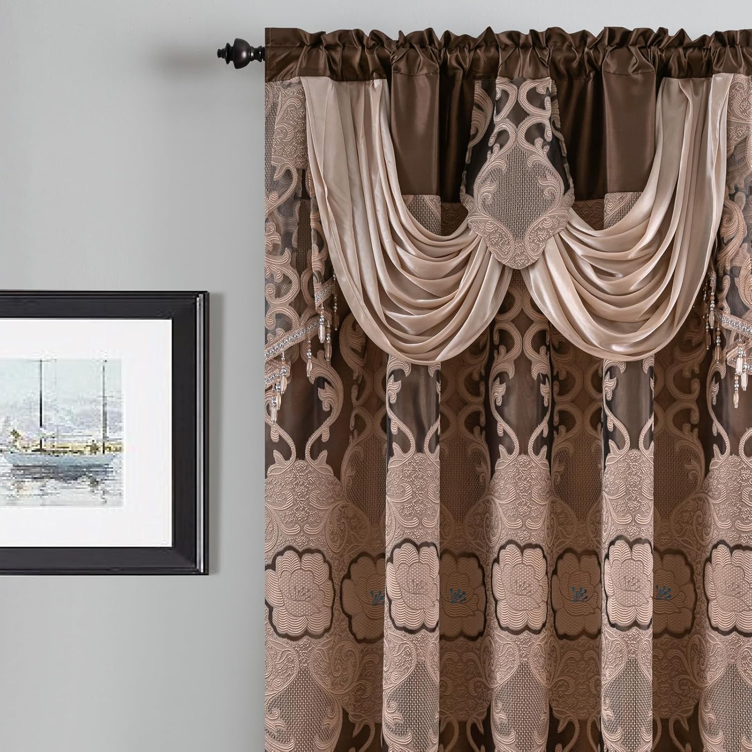 Petrichor Taupe Sheer Jacquard Voile Curtains （54" W x 84" L）, 2 Panels with Attached Valance, Double Layer Floral Cutwork Design with Luxurious Texture,Rod Pocket, for Bedroom & Living Room