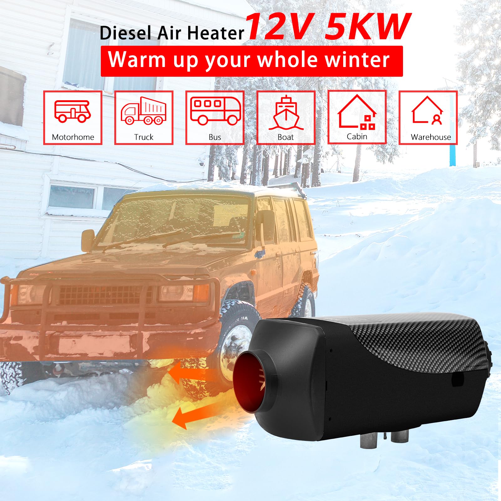 12V 5KW Standheizung Diesel, 5000W Standheizung, Diesel Lufterhitzer, Luft Dieselheizung, LCD Schalter u. Fernbedienung Schwarzfür Auto RV Boot KFZ PKW Wohnmobil Schwarz