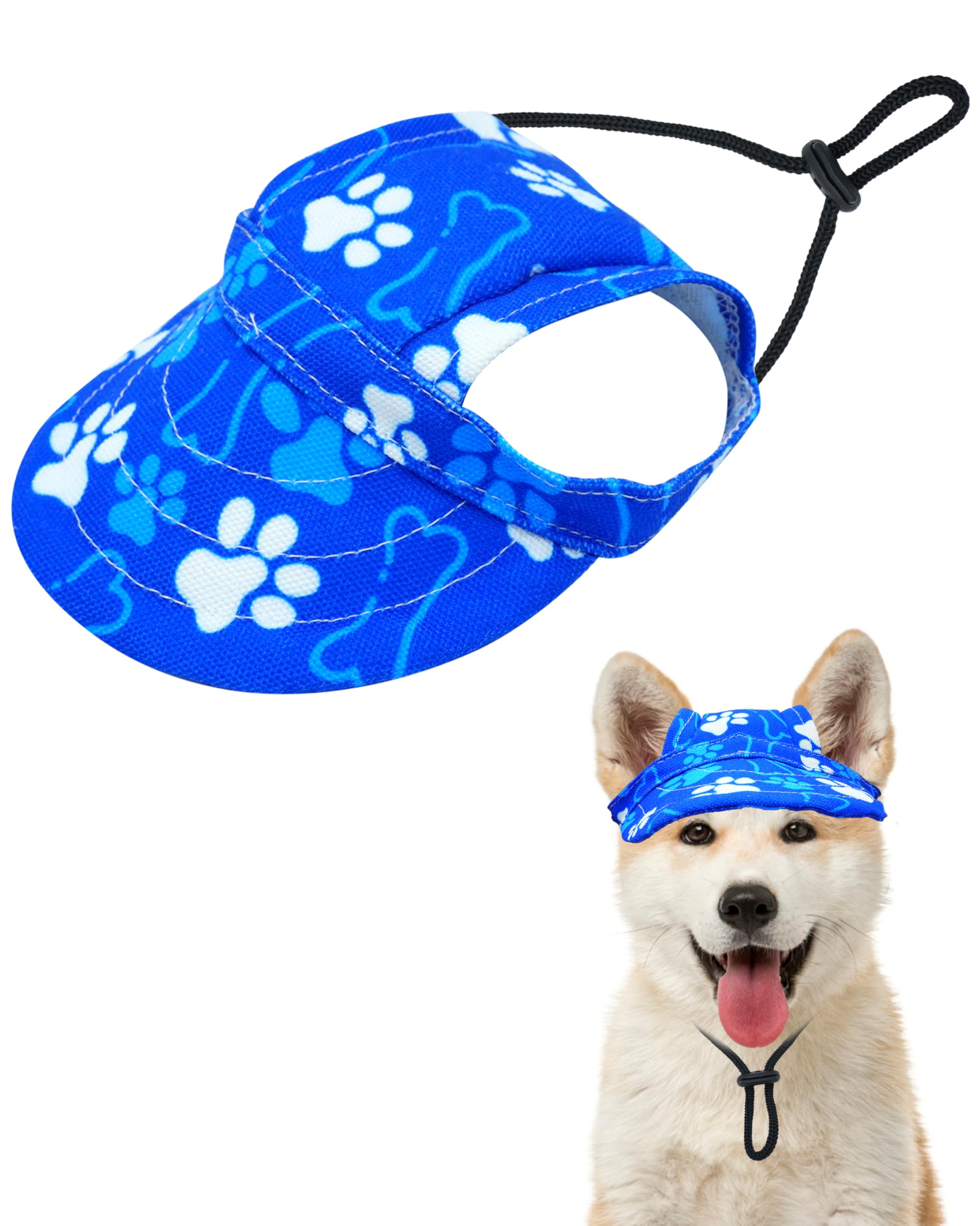 PET SHOW Dog Baseball Cap Paw Print Dog Visors for Small Doggy Cats Waterproof Pet Sun Hats with Ear Holes Adjustable Drawstring Boy Puppy Hat - Royal
