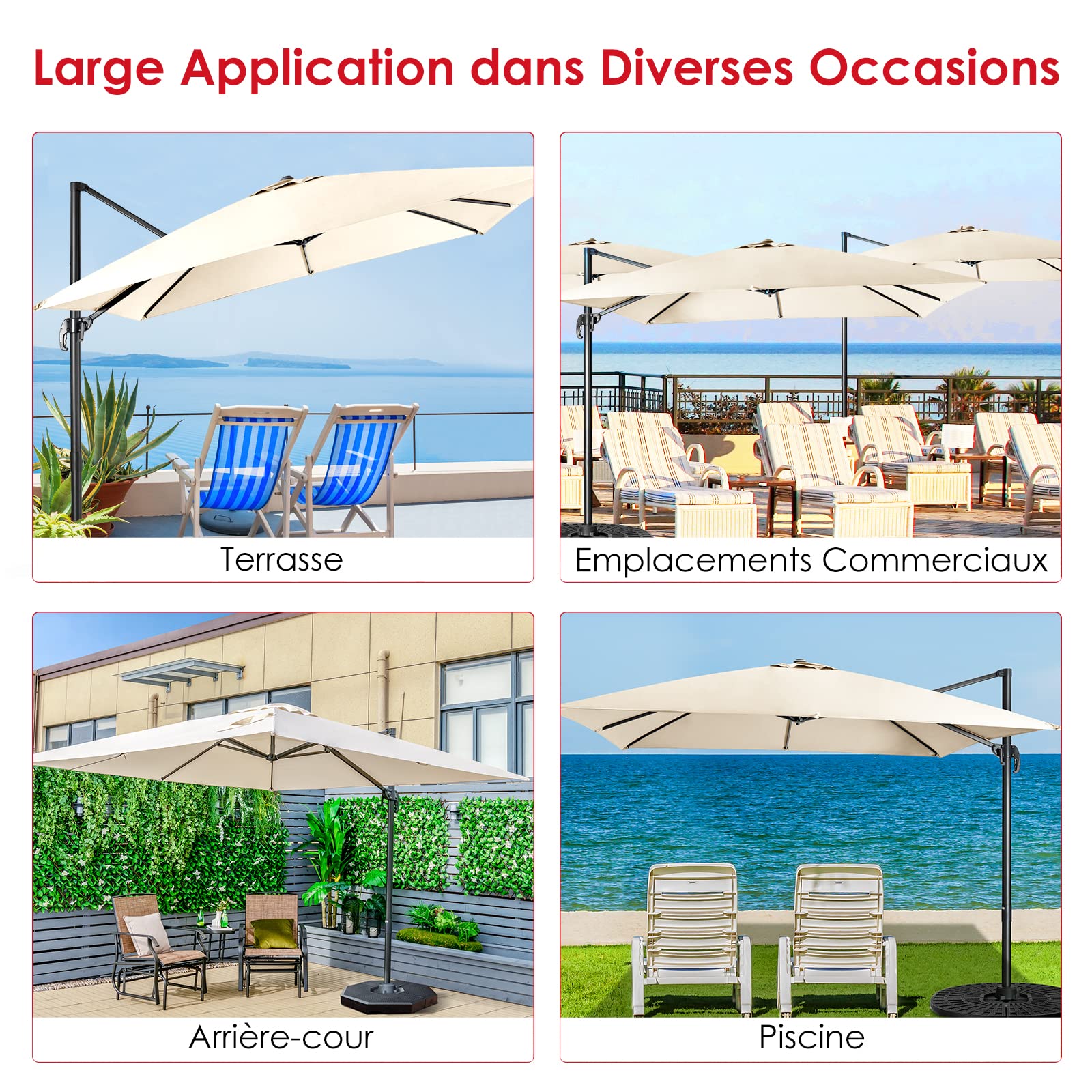 COSTWAY Parasol de Jardin Extérieur, Parasol Déporté Carré 3x3M à Manivelle, Inclinable et Rotation à 360°, 8 Baleines, Toit Double Ventilation Protection UV, pour Terrasse, Patio, Balcon, Beige