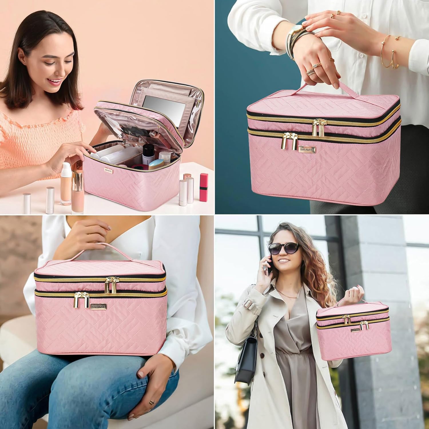 BAFAMYE 8.8L Double Layer Travel Makeup Bag With Mirror For Women, Large Cosmetic Case, Organizer for Travel-Size Accessories Bottles, Brushes,and Skin Care Products, 2.33 GAL, Pink