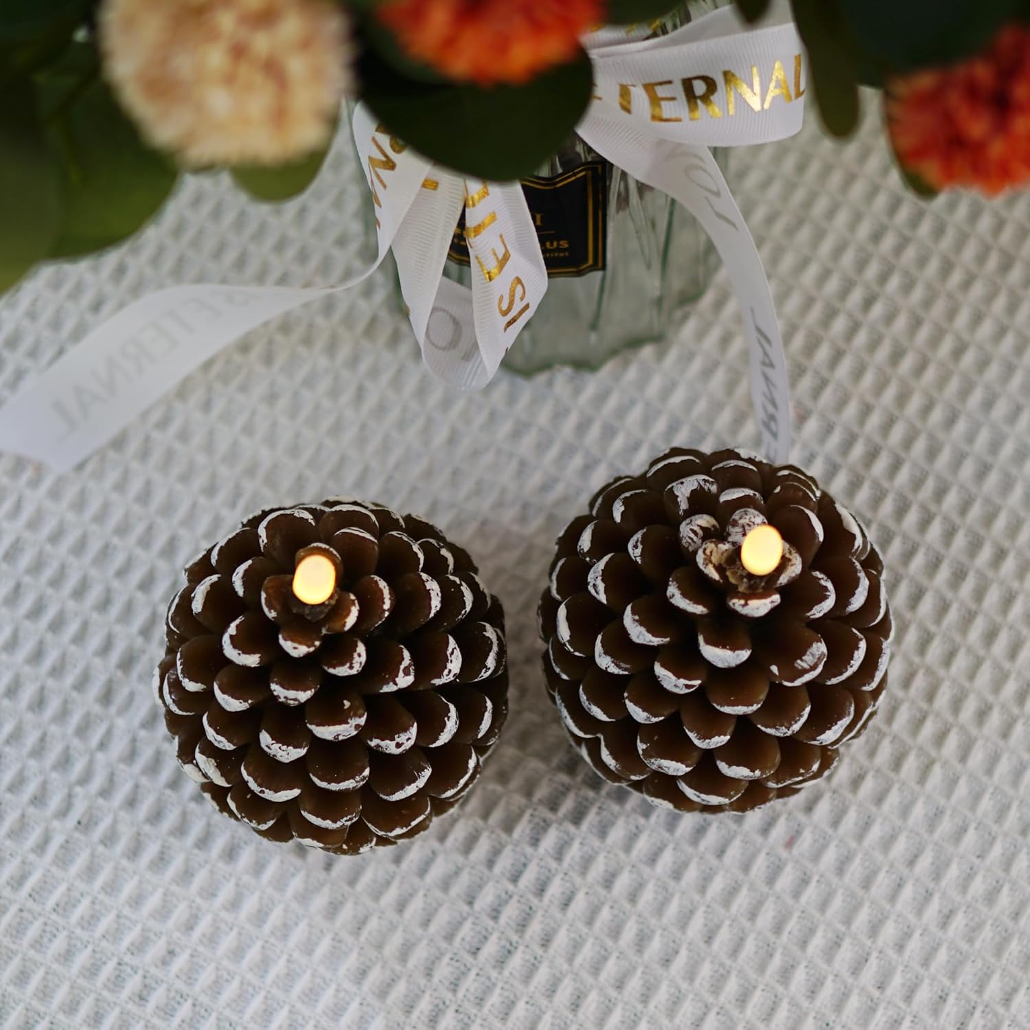 Set of 2Pcs Pinecone Flameless Candles Brown White Christmas Gift Home Decoration Candle Light
