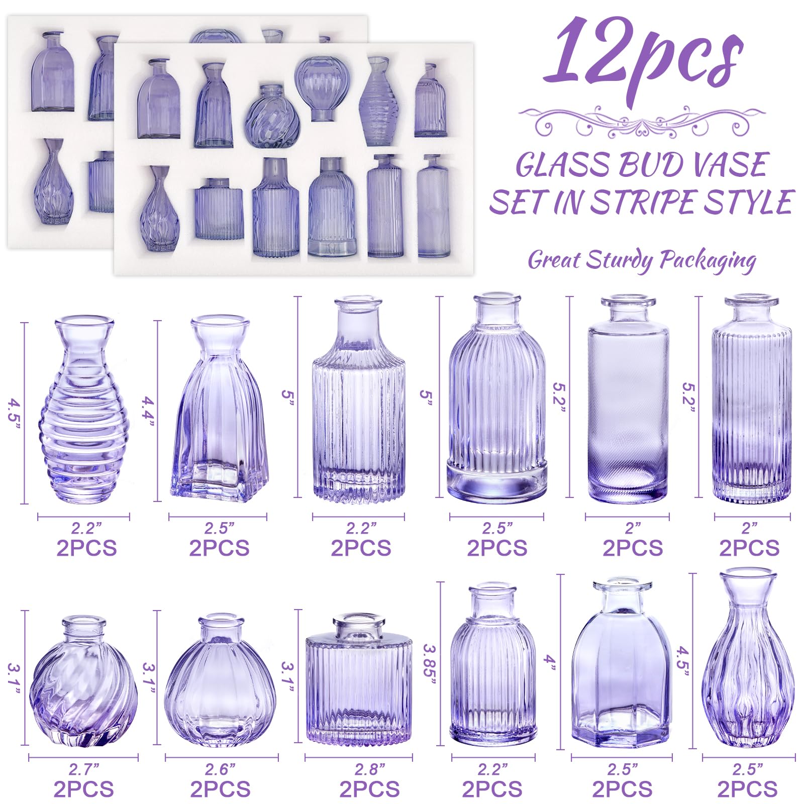 Glasvasen, 61 cm, kleine Violette Vase, Glasvasen für Blumen, Moderne, gerippte, farbige Knospenvase für Dekoration, Hochzeit, Blumenvase in Großpackung, Vintage-Dekor, Brautparty, Tafelaufsatz