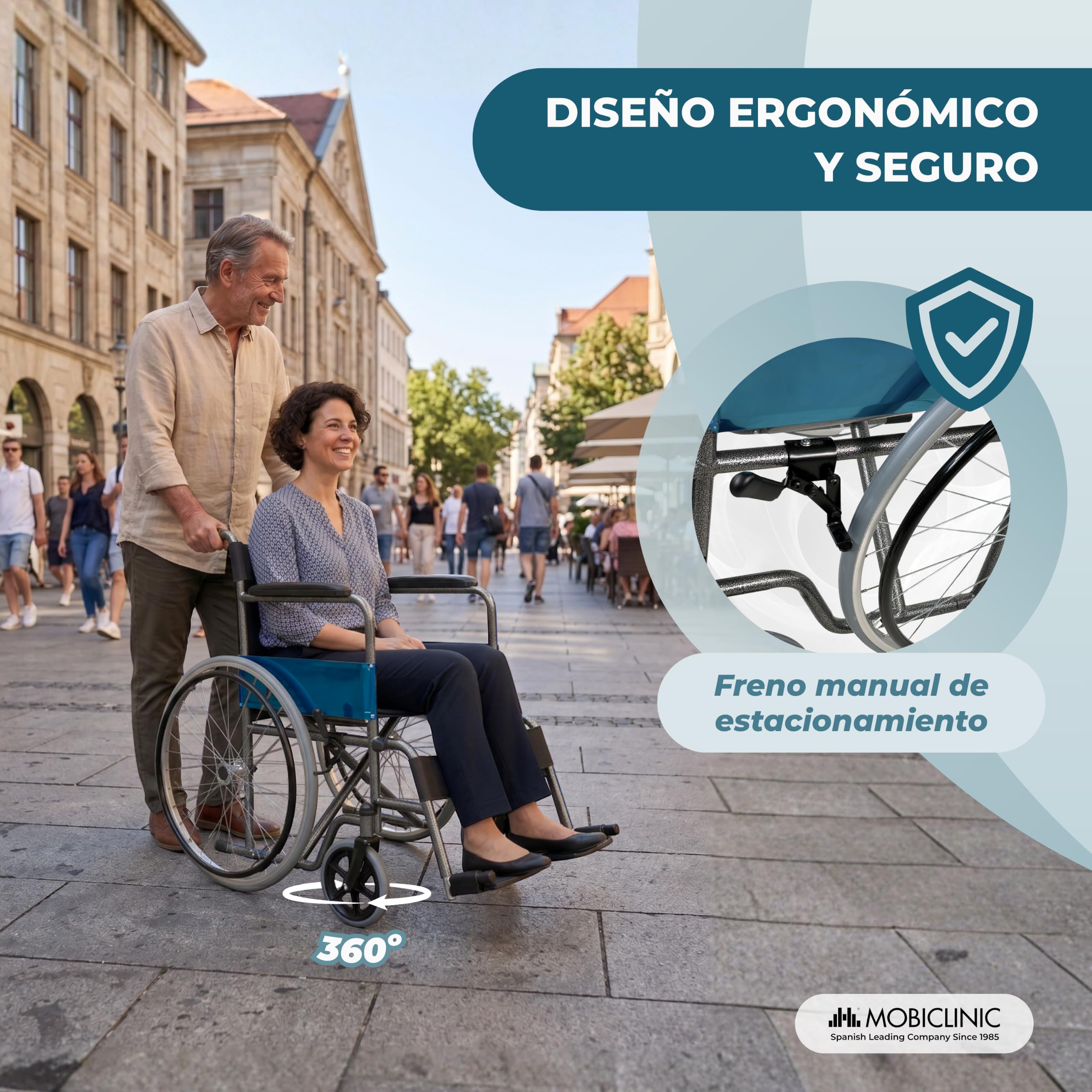 Mobiclinic®, Silla de ruedas plegable, Ligera, Alcázar, Autopropulsable, Freno estacionamiento, Asiento 46cm, Marca española, Reposapiés abatibles, Reposabrazos acolchados, Resistente