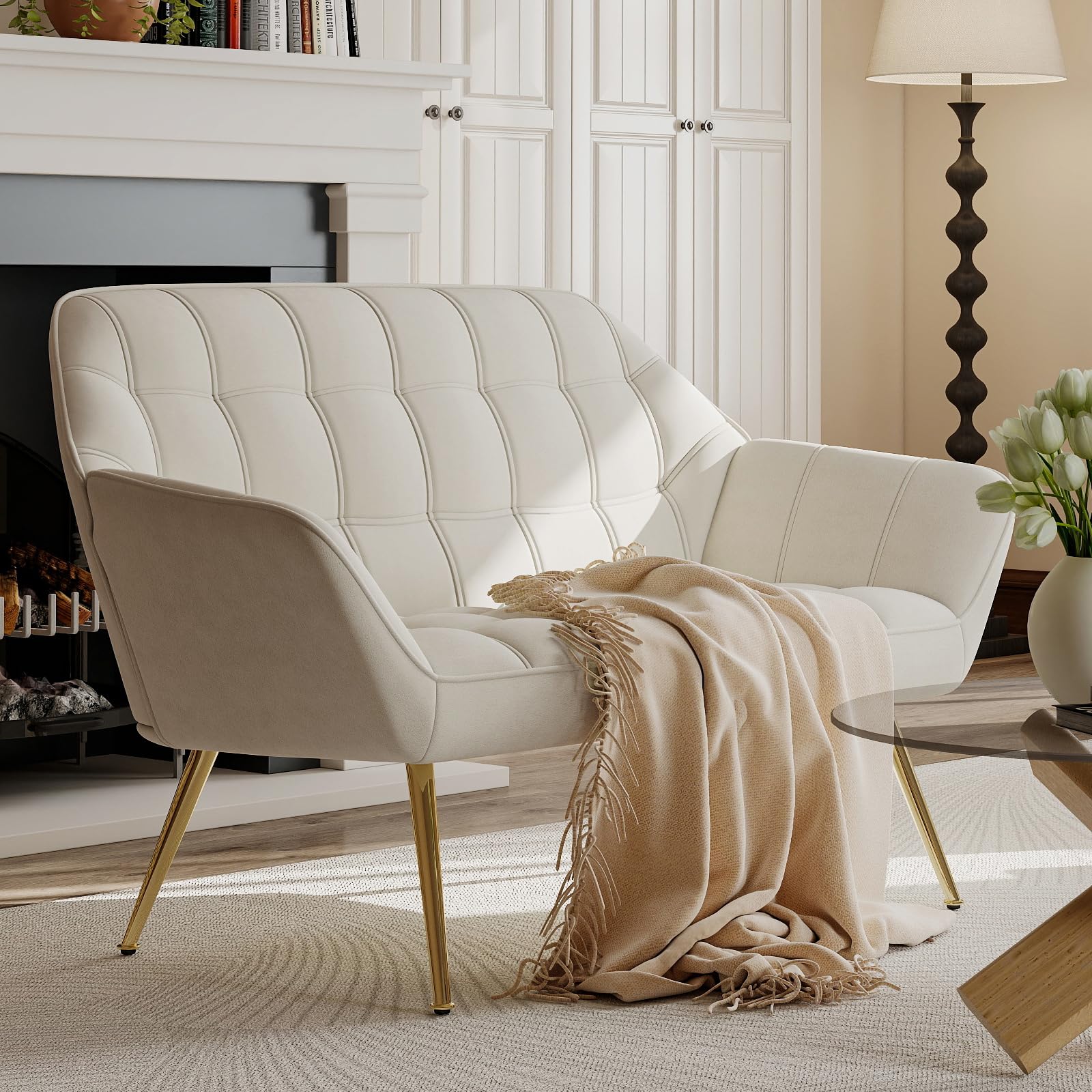 ChicAura 48" Small Loveseat Sofa, Mid Century Modern Velvet Love Seat with Golden Legs 2-Seat Sofa Couch Tufted Wingback Upholstered Sofa Chair for