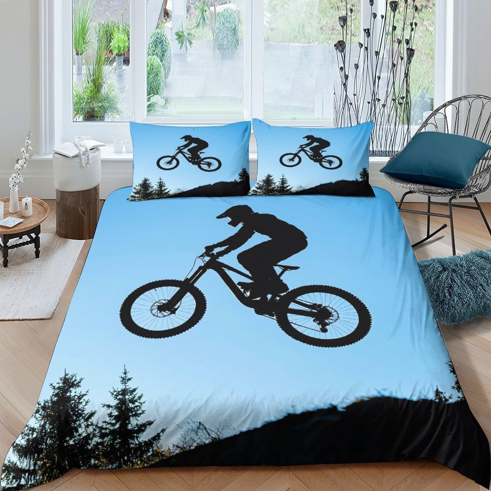 Ctjqhvkz Style-4 3D Printed Mountain Biker Fitted Sheet Microfiber Soft Blue Forest Silhouette Bed Cover For Bedroom Dorm Mattress Protection Single（135X200cm）