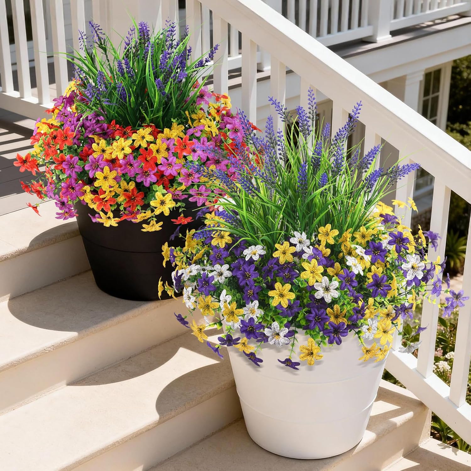 Artificial Flowers for Outdoors UV Resistant, 14 Bundles Fake Flowers Daisy with Lavender Faux Outdoor Plants Silk Flower for Outside Planters Patio Porch Window Garden Yard Spring Summer Decoration
