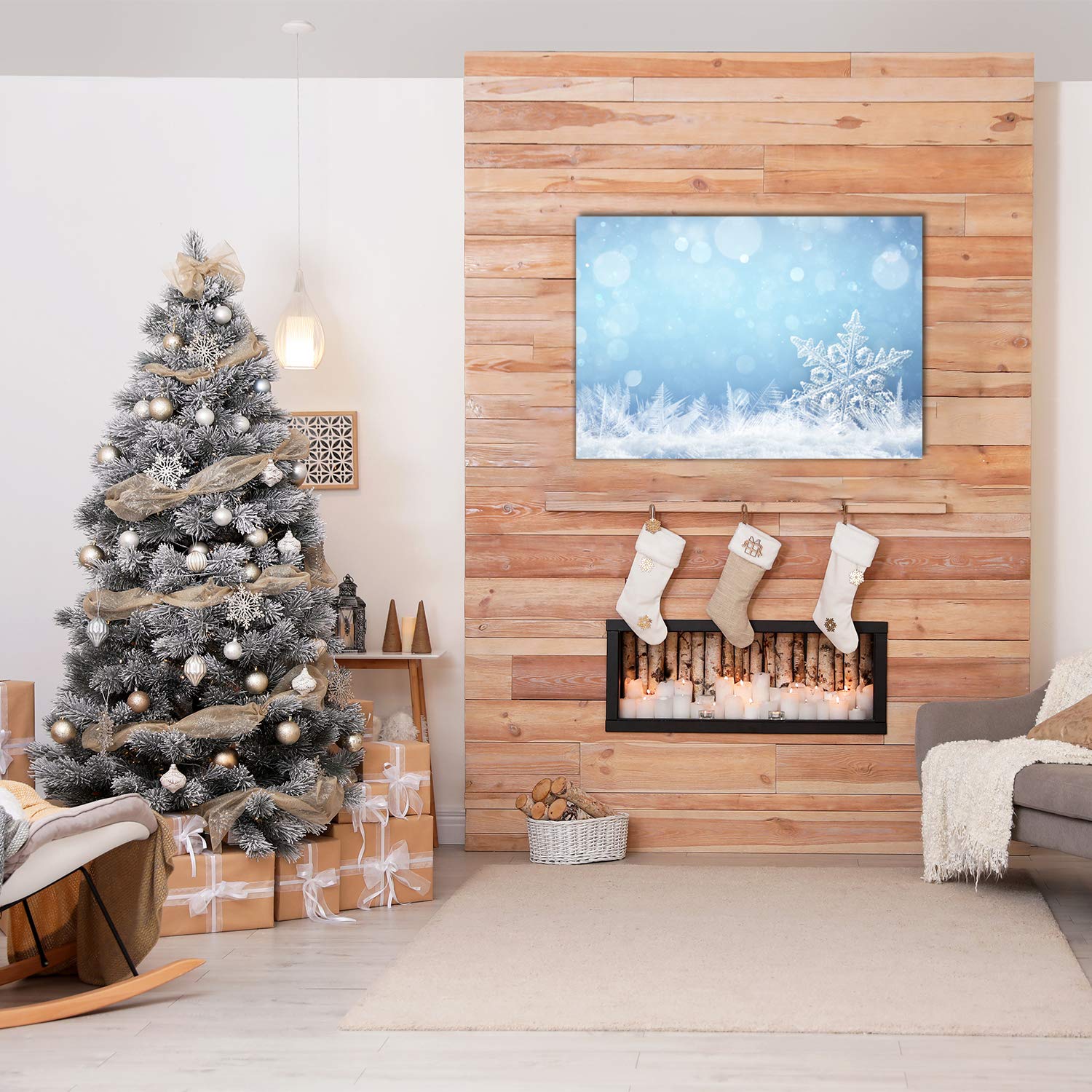Tulup Peinture de Noël sur Verre Trempé - 100x70 cm - Image Tableaux la Mur - Impression Verre Sécurité - Photo Décorative Panoramique - Les Flocons de Neige d'hiver de Neige