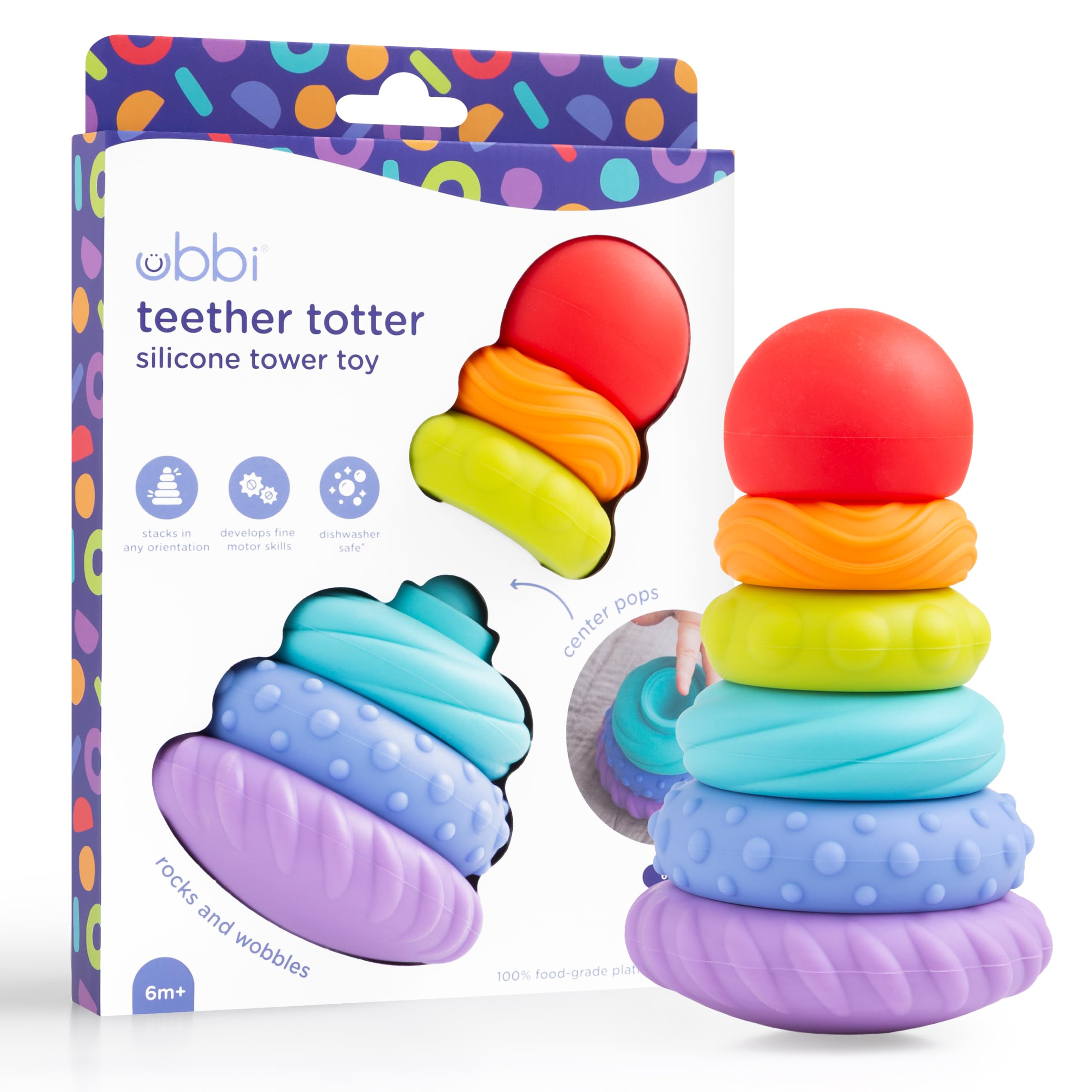 Ubbi Baby Teether Totter, Multi-Textured Food-Grade Silicone, 6-Piece Set, Early Development Toy