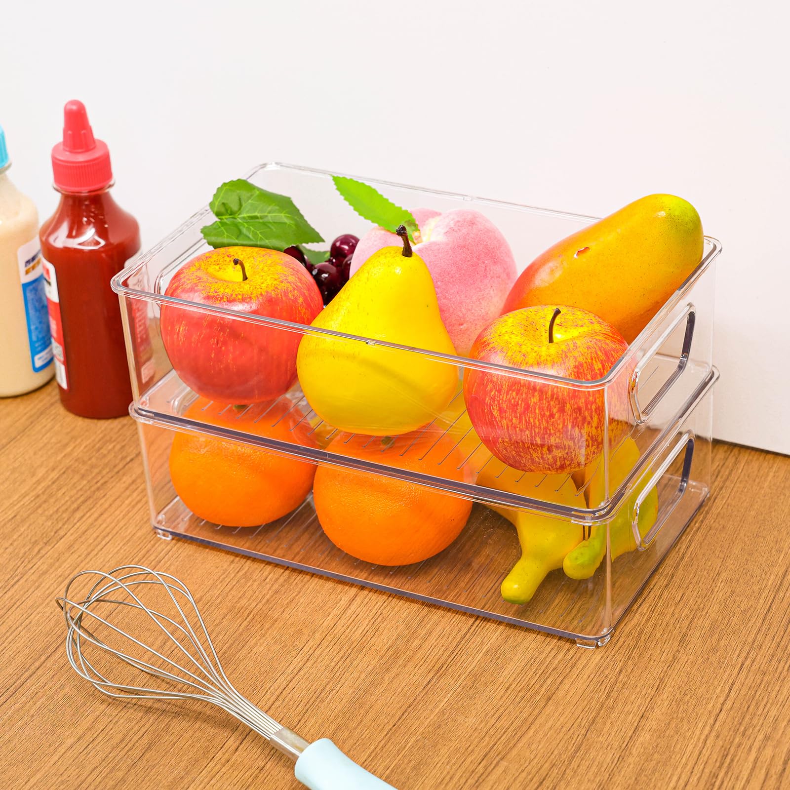 SuoXing Contenedores de almacenamiento de plástico transparente, paquete de 4 contenedores organizadores apilables para refrigerador, contenedor de almacenamiento de alimentos de despensa con asa,