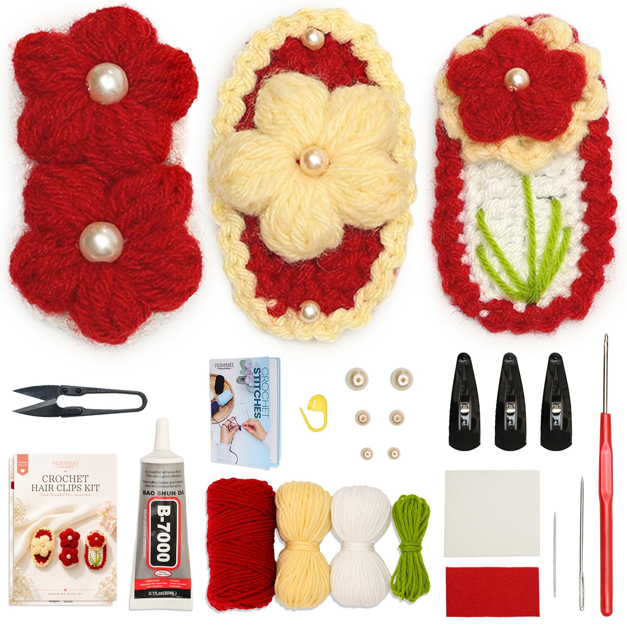 picknMAKE DIY Crochet Kit Set of Hair Clips for Beginners, New Hobby Kit | Material: Acrylic Yarn | Skill Level: Beginner | Makes: 3 Flower Hair Clips | Includes: Hook, Needles, Pearls, Glue | Age 8+-image-21