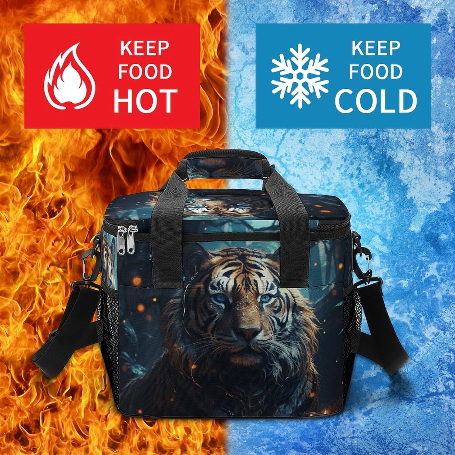 Camping Ice Pack, Tiger Print Cooler Bag, 22.5L Large Capacity Insulated Lunch Tote Bag for Outdoor, Picnic, BBQ, Travel, Work
