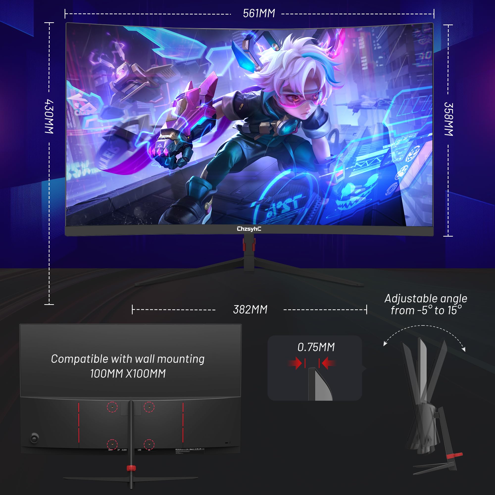 Monitor da gaming curvo da 27 pollici, 180 Hz, 1800R, MPRT, FHD (1920 × 1080P), Freesync, HDMI2.0, DP1.4, supporto VESA (cavo HDMI e HDMI incluso)