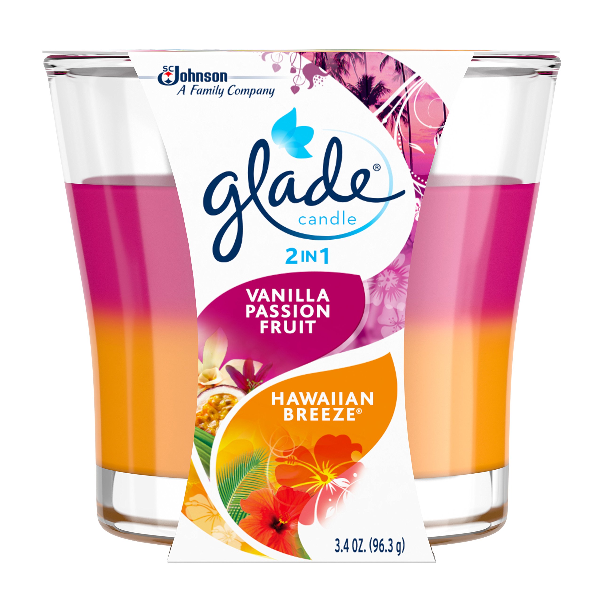 Glade Candle Jar, Air Freshener, 2in1, Hawaiian Breeze & Vanilla Passion Fruit, 3.4 oz, 3 Count