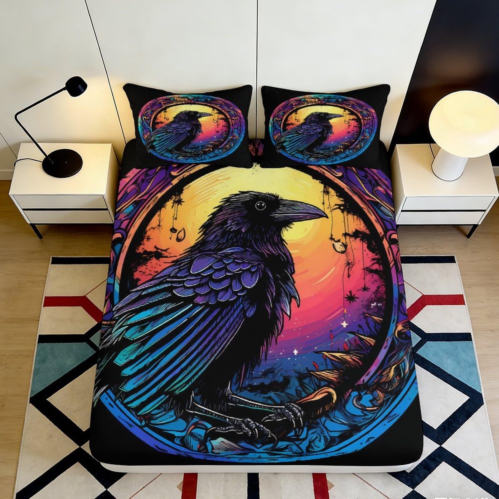 3D Printed Raven Sunset Fitted Sheet Microfiber Soft Anti-Slip Mattress Cover for Bedroom Dorm Apartment Decor 90x200x25cm