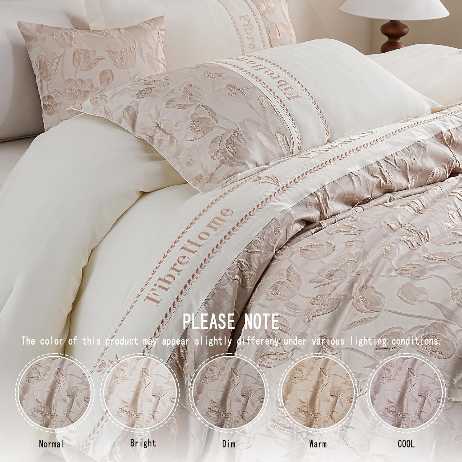 Queen Bed in a Bag 6-Pieces Jacquard Embroidery Splicing Design Tulip Flowers Bedding Set Beige and Champagne Comforter Set Durable and Super Soft Microfiber Comforter for All Season (fd002-Queen) | microfiber feel, Skin-friendly, jacquard texture, embroidery, Hotel-style