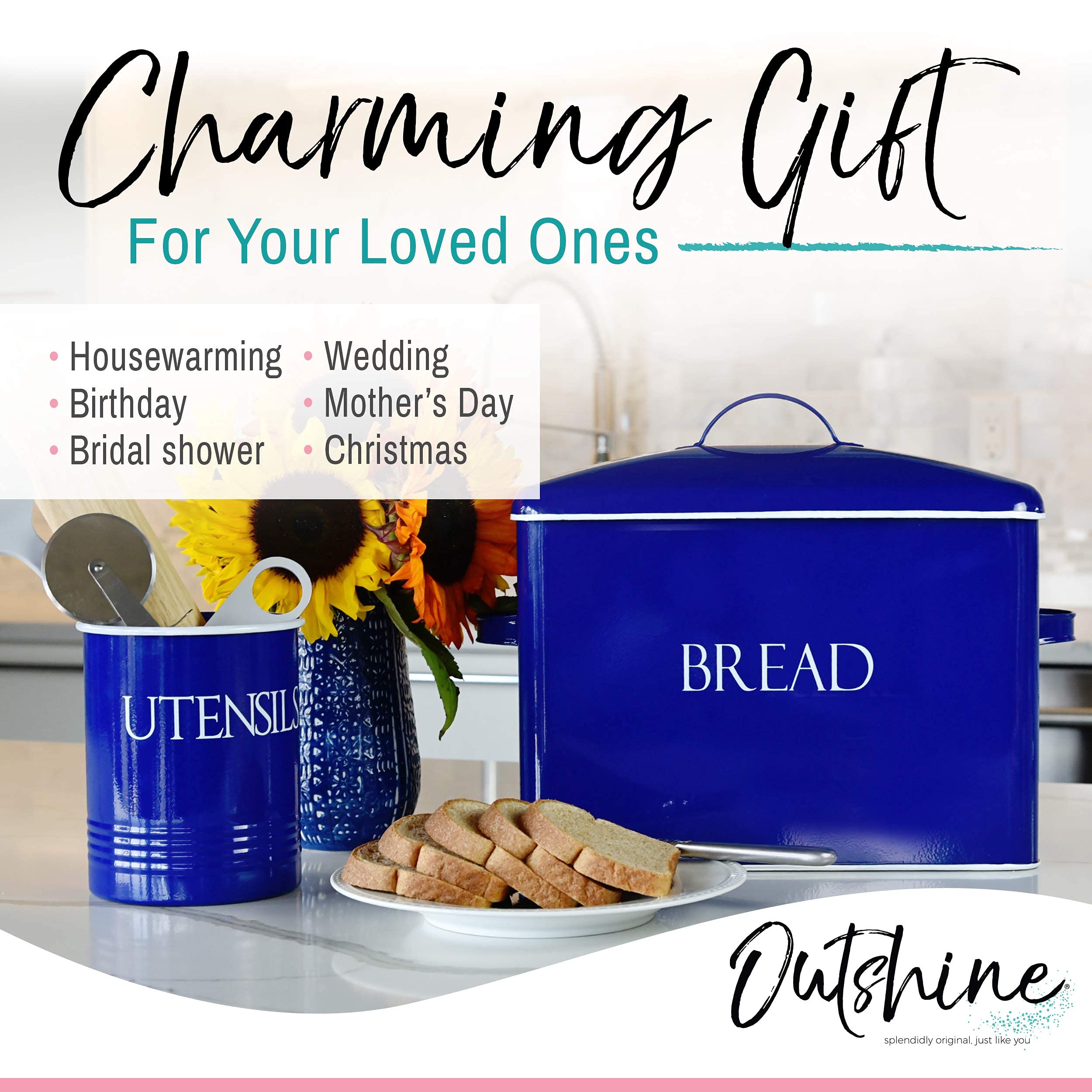 Outshine Extra Large Bread Box, Blue Countertop SpaceSaving Vintage