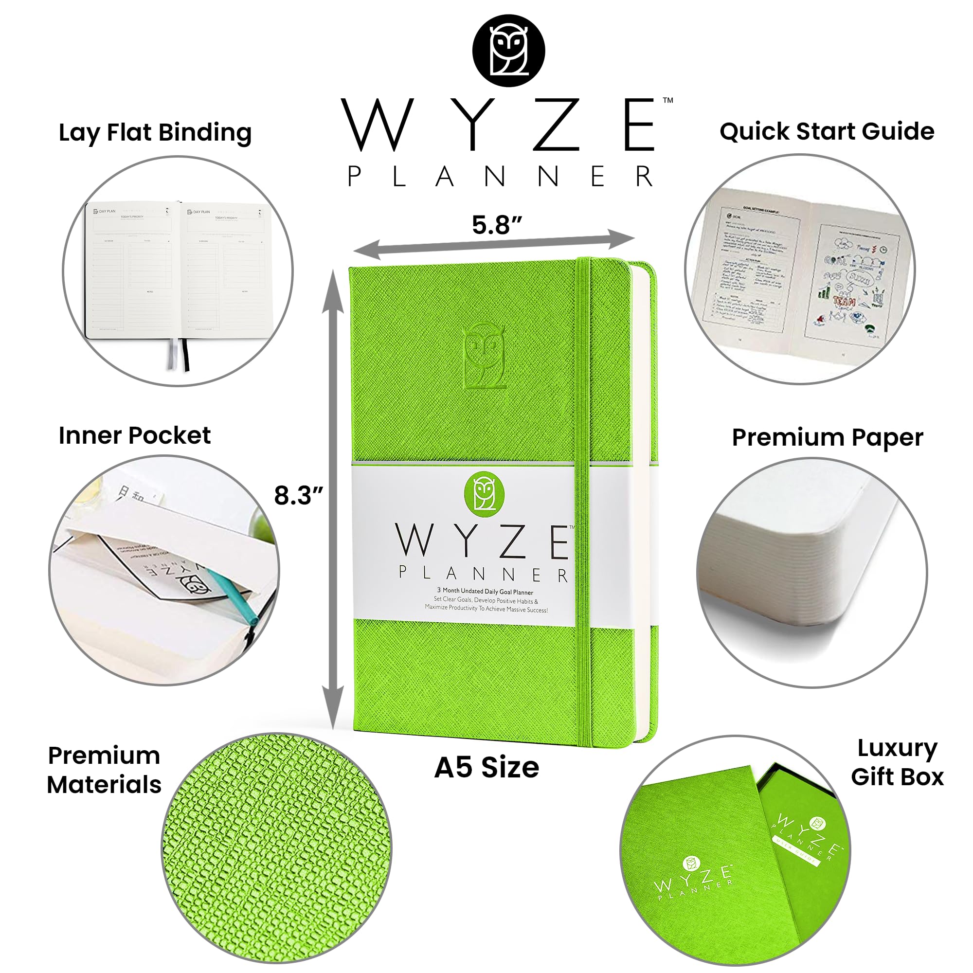 Wyze Planner Planer celów na 3 miesiące. Zwiększ produktywność i osiągaj cele osobiste i biznesowe. Niedatowany dziennik, tygodniowy i miesięczny organizer z kalendarzem (limonkowy zielony)