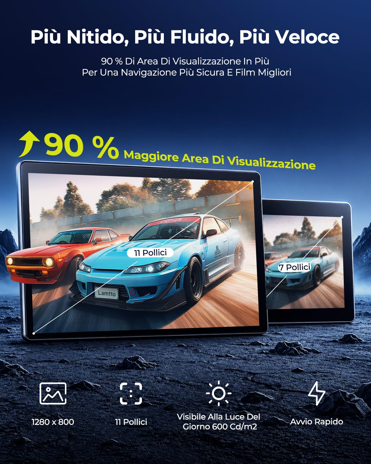 LAMTTO Carplay Wireless Schermo per Auto da 11 Pollici Con Video YouTube TikTok, Portatile Apple CarPlay & Android Auto Con Telecamera Posteriore/Navigazione/Touchscreen In-Cell/Assistente Vocale/OTA