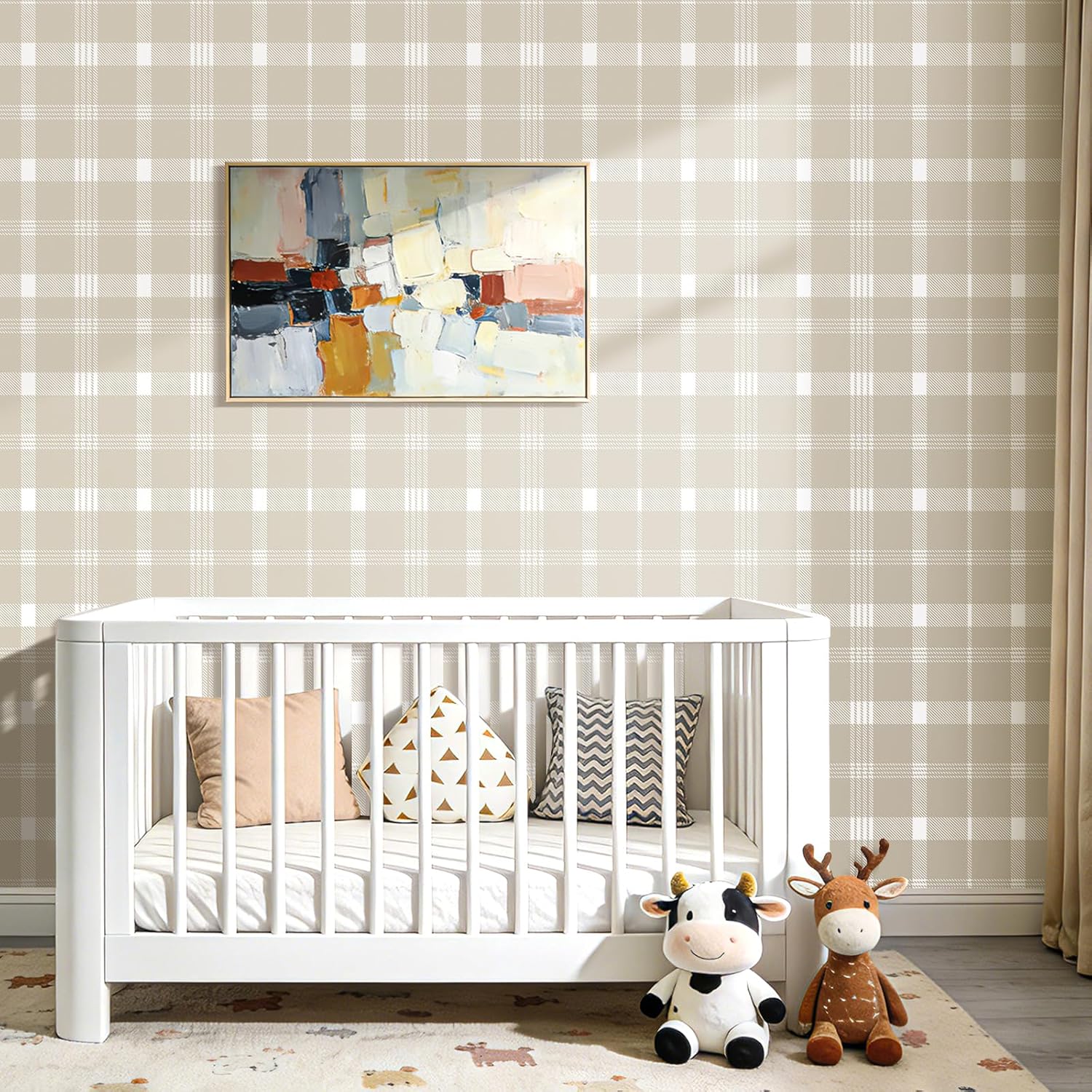 Stickyart 17.5"x276" Vintage Tartan Plaid Wallpaper Peel and Stick Neutral Country Plaid Wallpaper Self Adhesive Beige White Tartan Contact Paper Checkered for Bedroom Living Room Accent Wall
