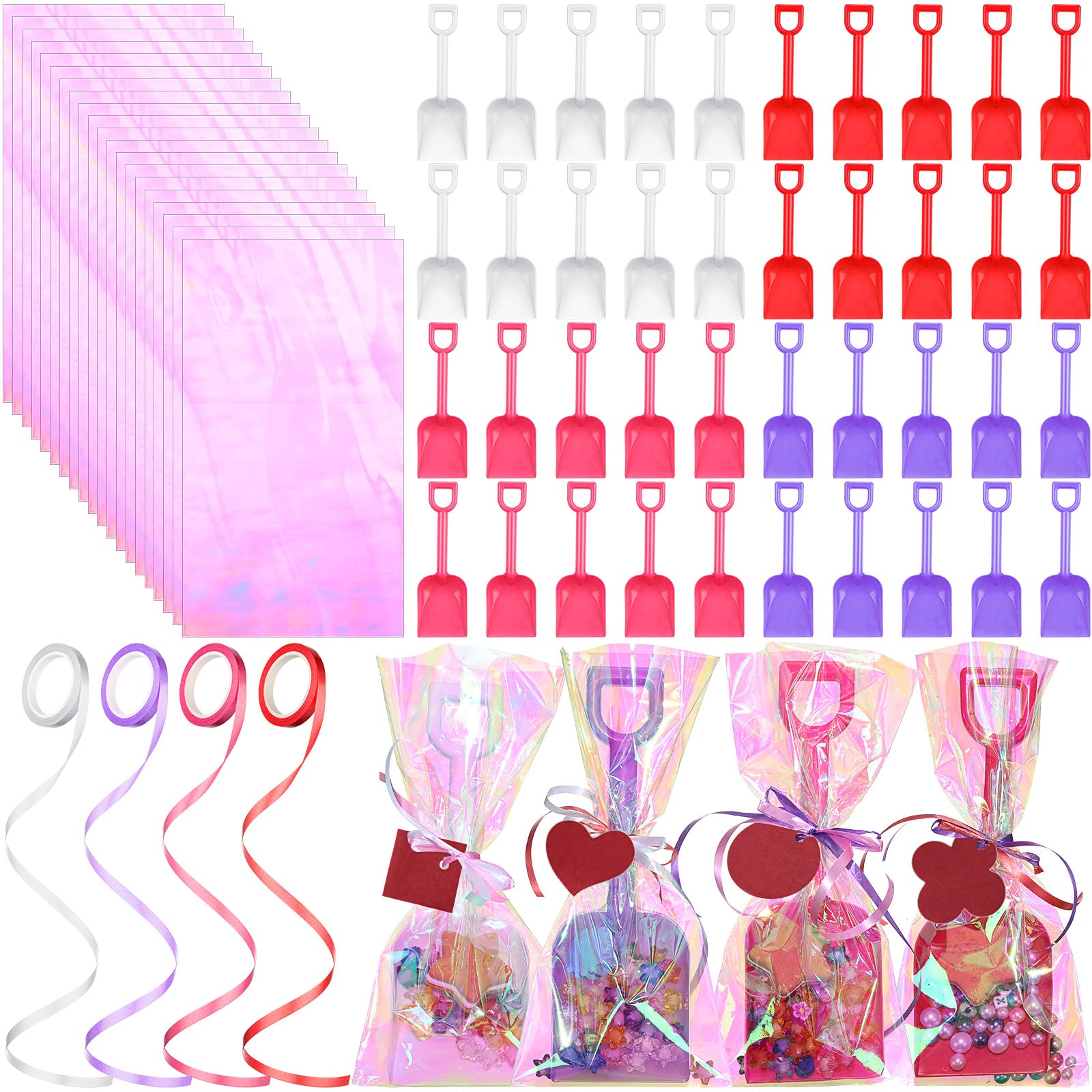 148 Pcs Valentines Gift Plastic Toy Shovel Set Includes 40 Plastic Sand Shovels 8 Rolls of Streamers 100 Clear Treat Bags for Birthday Party Gift Wrapping Beach Party Valentines Day Homemade Favors