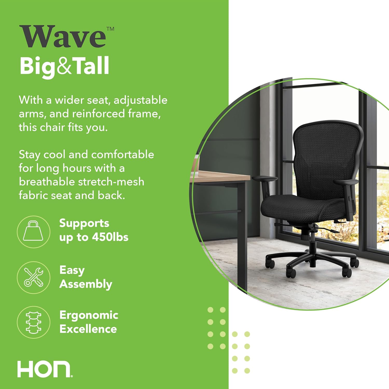 HON Wave Big and Tall Office Chair with Adjustable Arms, 450 lbs Capacity, Ergonomic, Breathable Mesh Desk Chair with Wheels, 360° Swivel, Heavy Duty Tilt Recline, Black