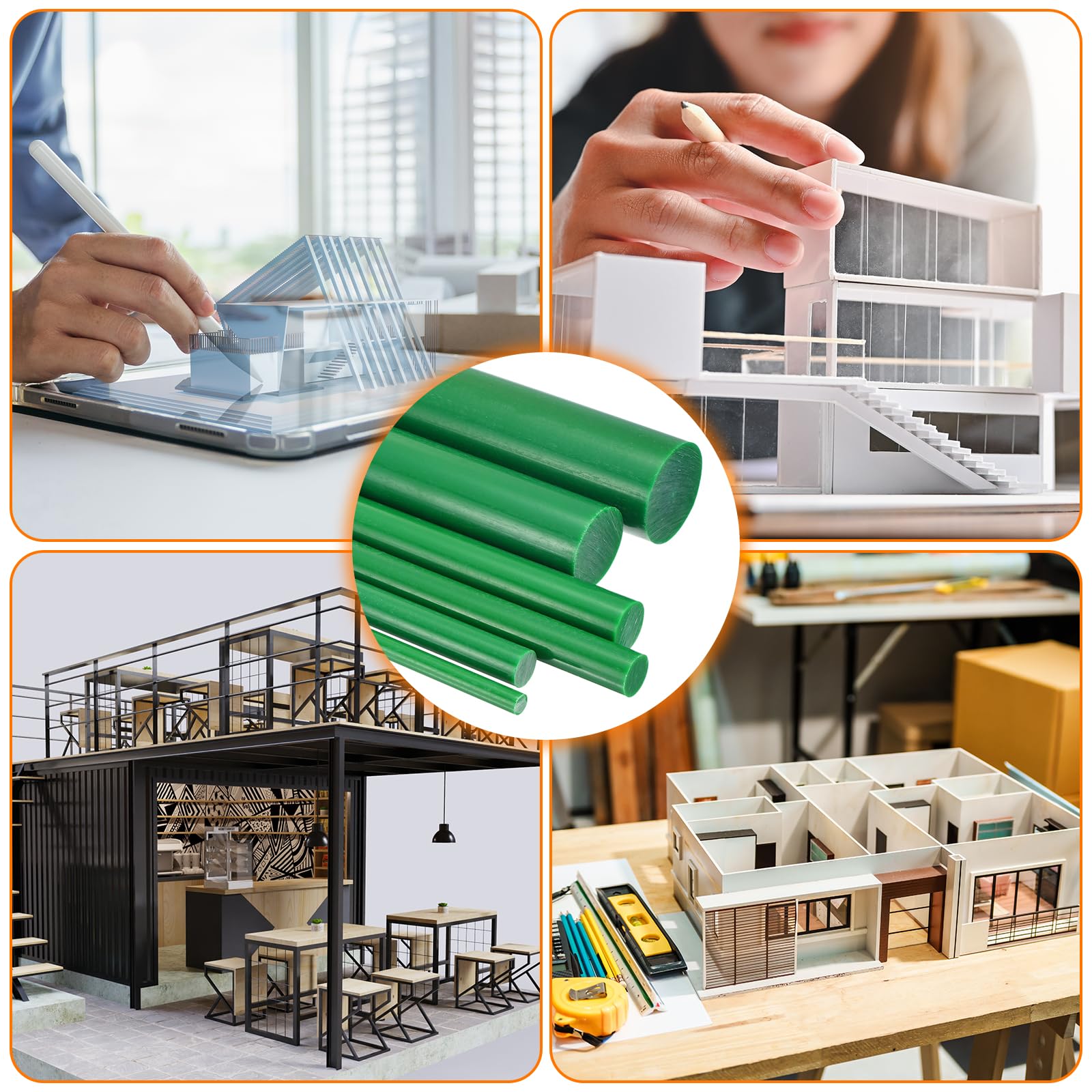 uxcell 10 aste in plastica, 25,5 x 304 mm, rotonde, solide, in ABS, per giocattoli fai da te, costruzione di modelli architettonici, verde