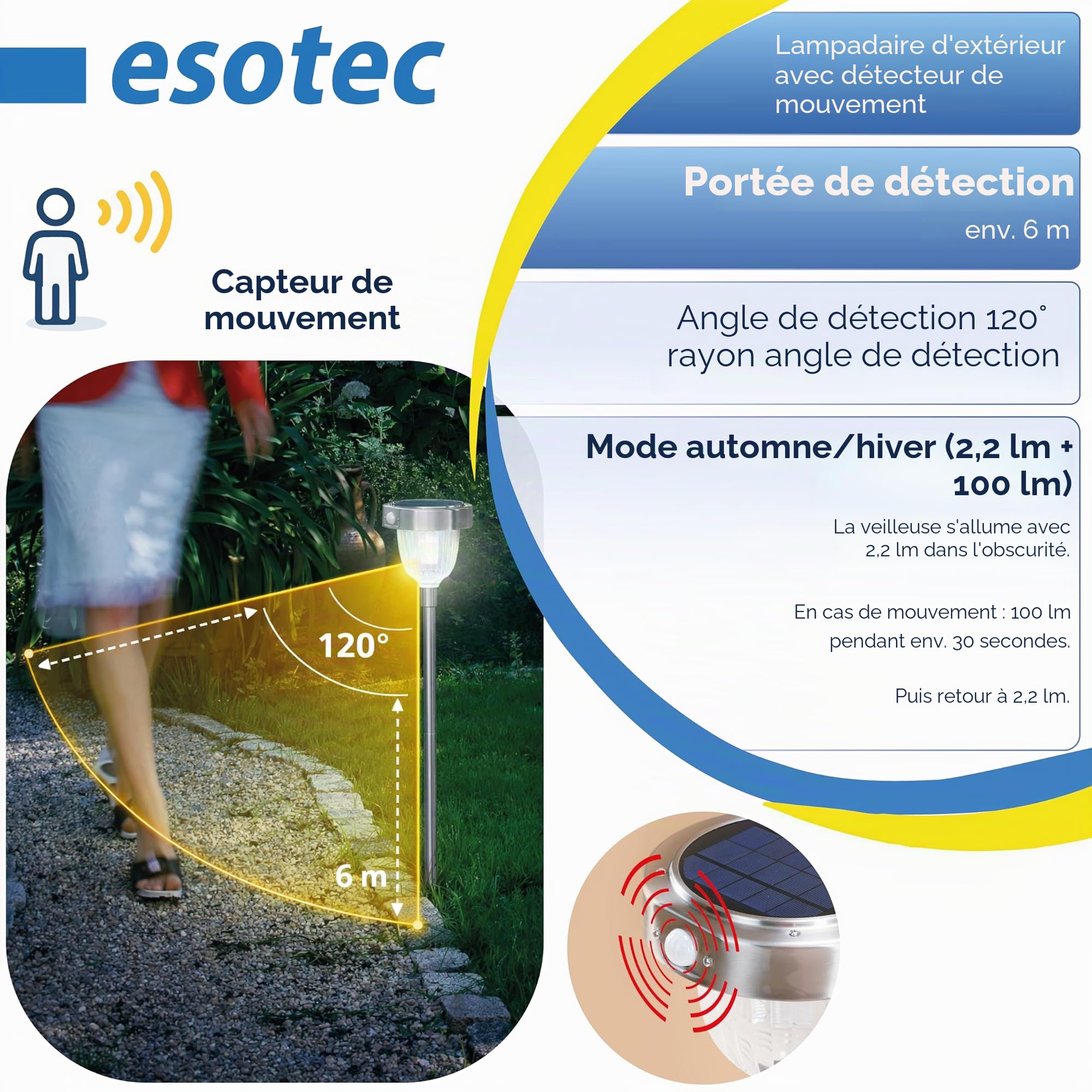 Esotec Lampe solaire PIR Asinara Pro, Duo Color, détecteur de mouvement, batterie, éclairage extérieur LED, éclairage de chemin, métal, extérieur, argent, H = 70 cm, 102530