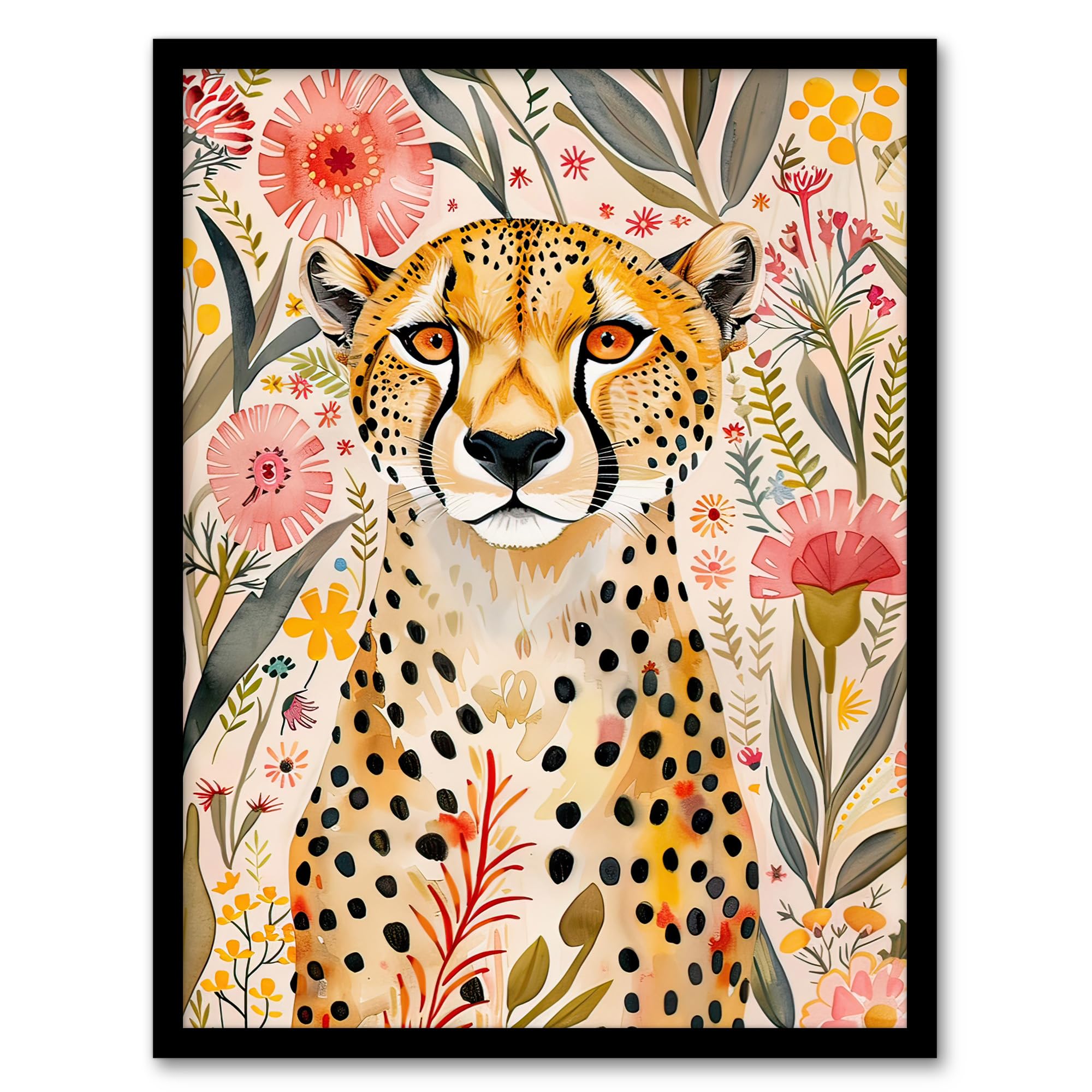 Artery8 Watercolour Framed Wall Art - Cheetah in Exotic Flower Garden - A4