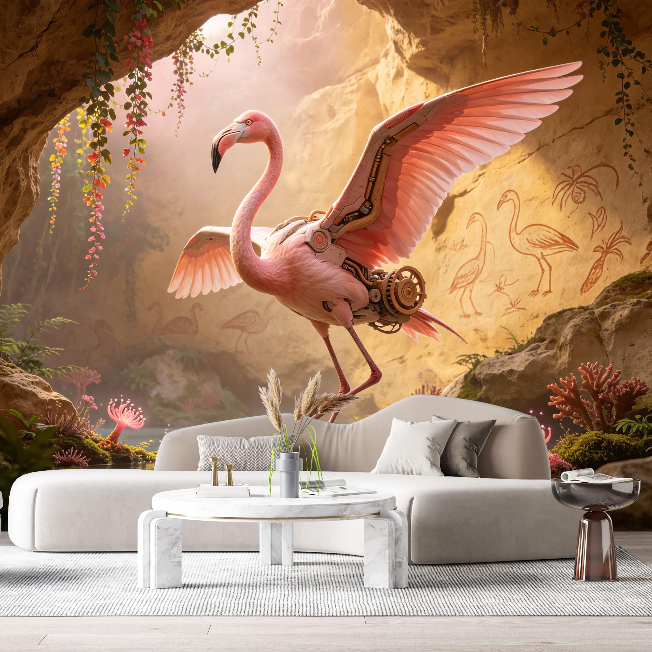 Custom Size Wall Mural Cyber Flamingo Mechanical Bird Futuristic Nature SciFi Mech Style SelfAdhesive Art Prints Removable Large Wallpaper Esports Room Game Room Tenant Room Studio