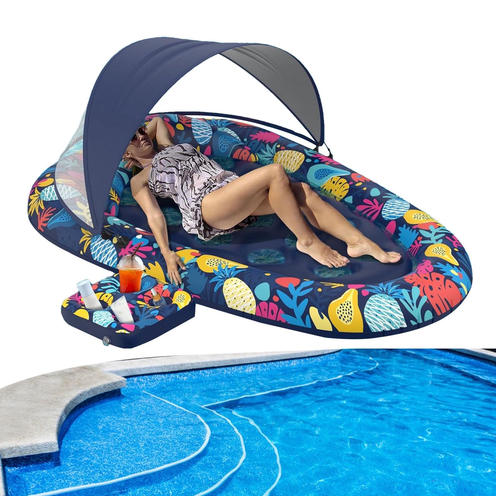 Sillas flotantes de piscina para adultos, tumbonas de agua con toldo para sombra, portavasos, tubo flotante inflable para piscina, patio, fiesta acuática de verano