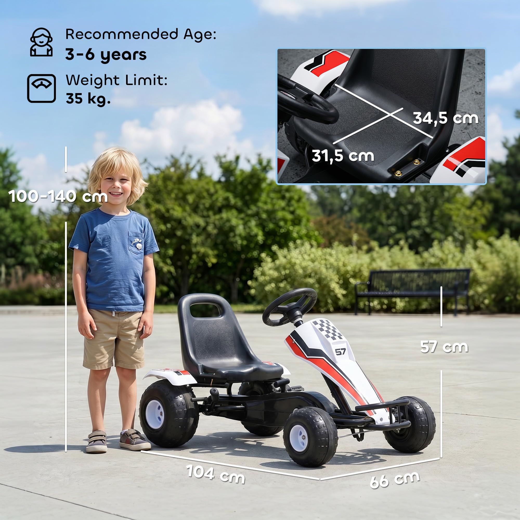 HOMCOM Go Kart a Pedales para Niños de +3 Años Coche de Pedales Infantil con Asiento Ajustable y Freno de Mano 104x66x57 cm Blanco y Negro