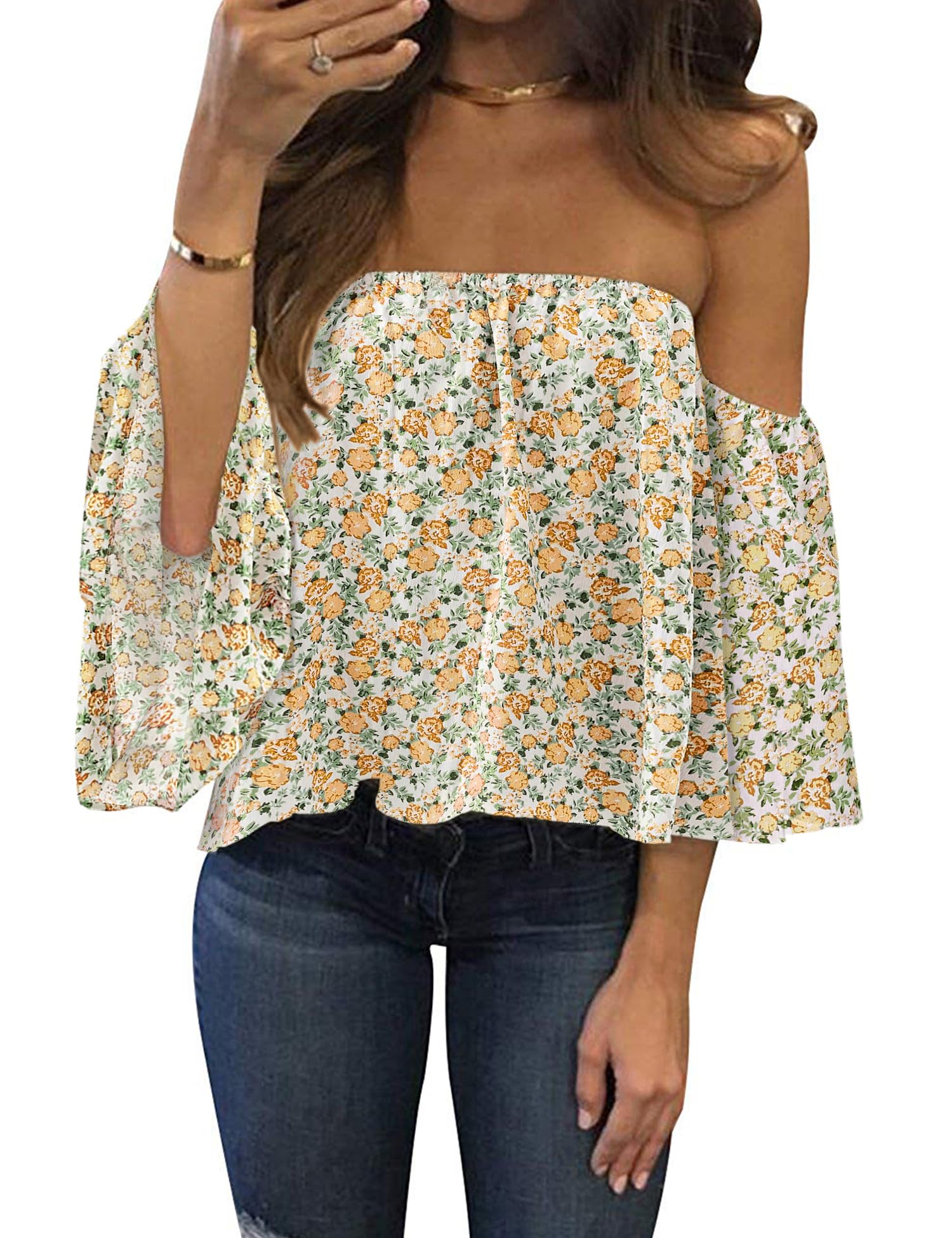 Bluetime Women Summer Off Shoulder Chiffon Blouse Ruffles Short Sleeves Tops Casual T Shirt