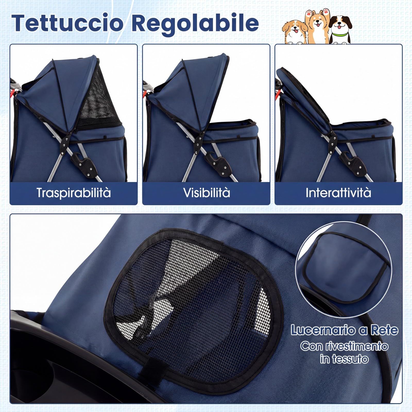 COSTWAY Passeggino per Cani Piccoli Pieghevole Facile, Carrozzina per Cani Portata Fino a 15 kg con Rete Traspirante e Copertura Impermeabile, Passeggino per Gatti per Viaggio (Blu)