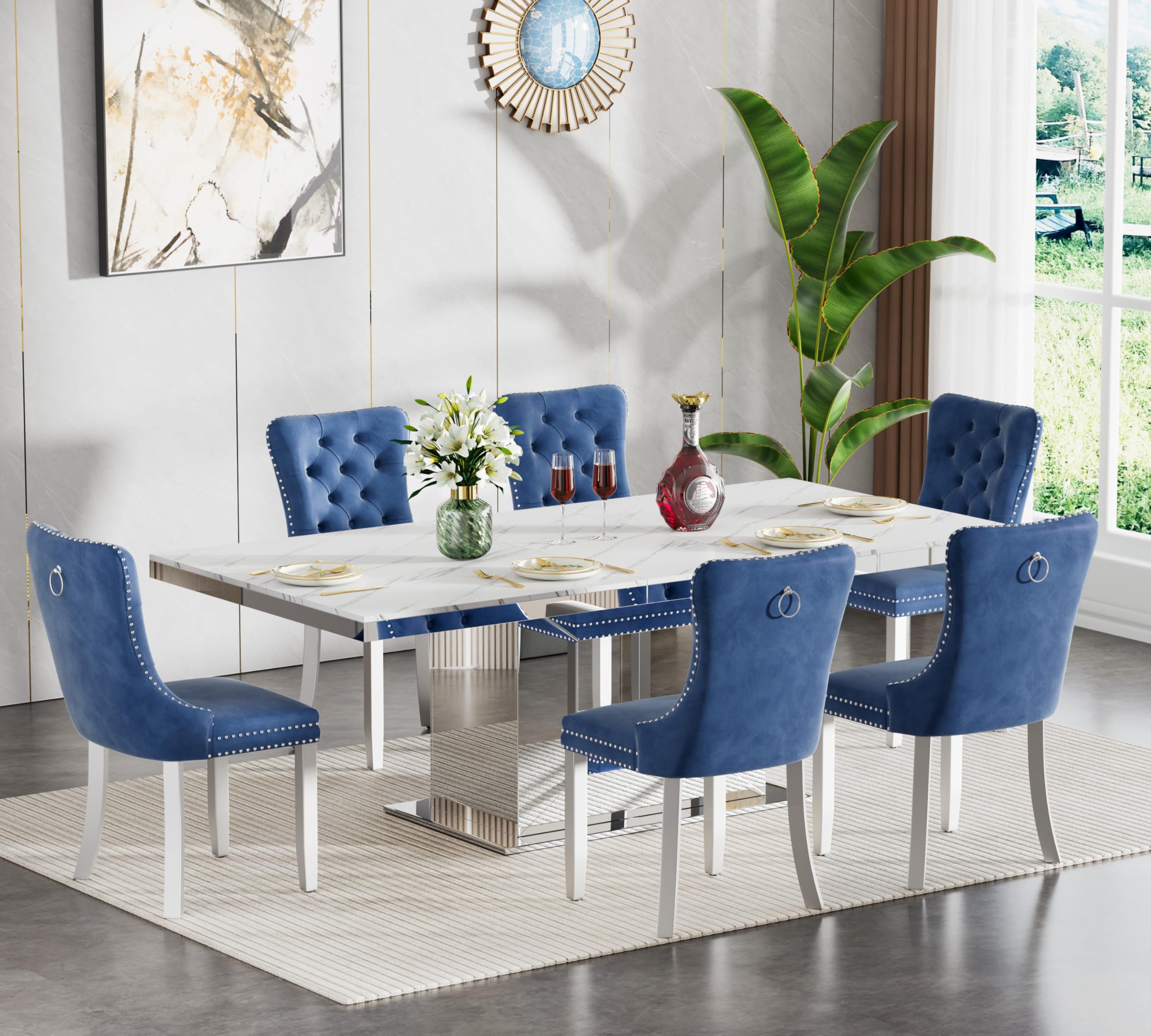 7 Pieces White Faux Marble Extendable Dining Table Set, 63"-94" Rectangular Expanding Kitchen and Dining Room Table Set for 6 with Mirrored Acrylic Base &amp; Blue Velvet Upholstered Chairs