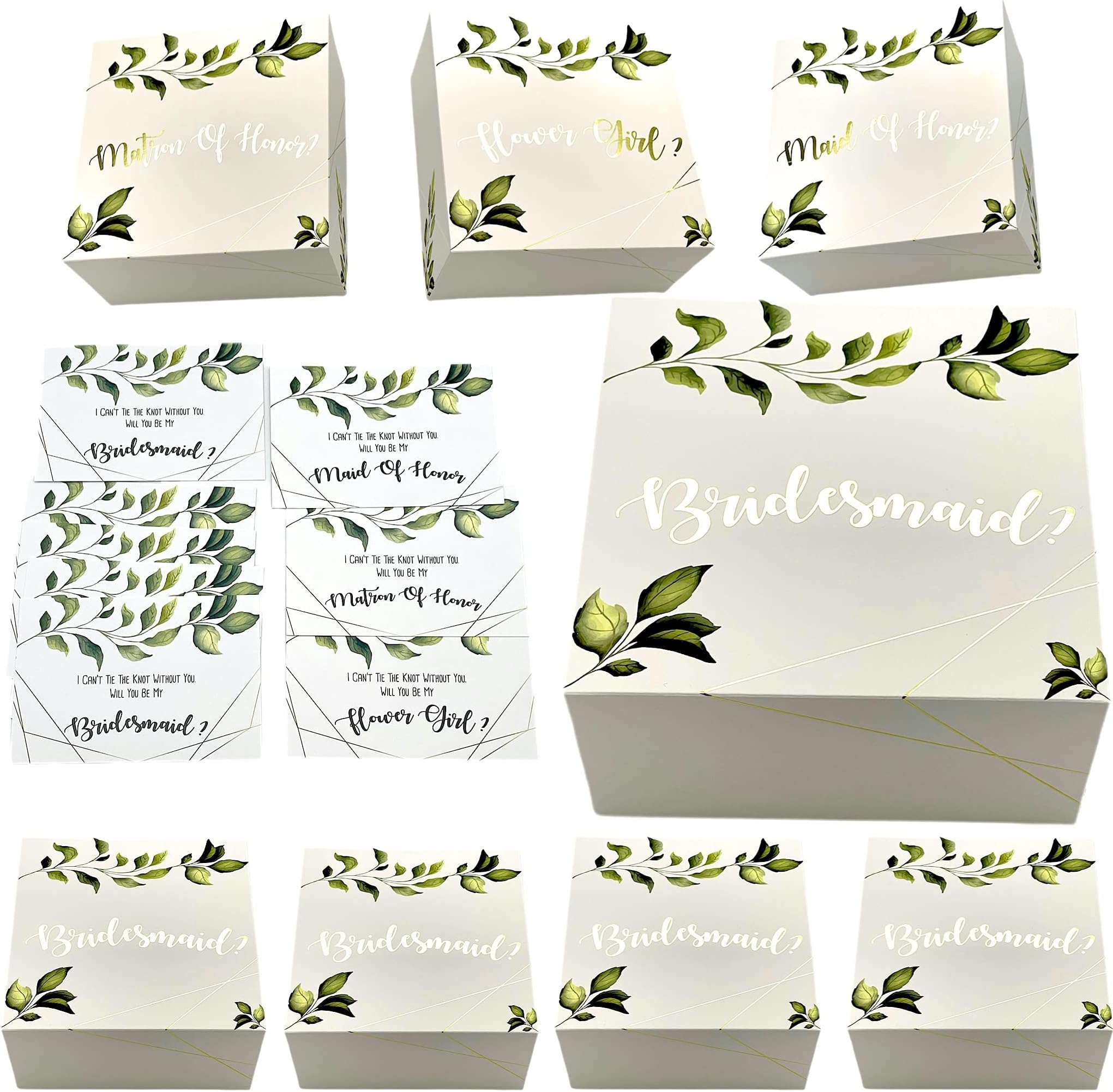 Bridesmaids Proposal Gift Boxes with Greenery with Gold Foil Letters & Proposal Cards (5 Bridesmaids, 1 MatronH, 1 MaidH, 1 FlowrGrl, 8)