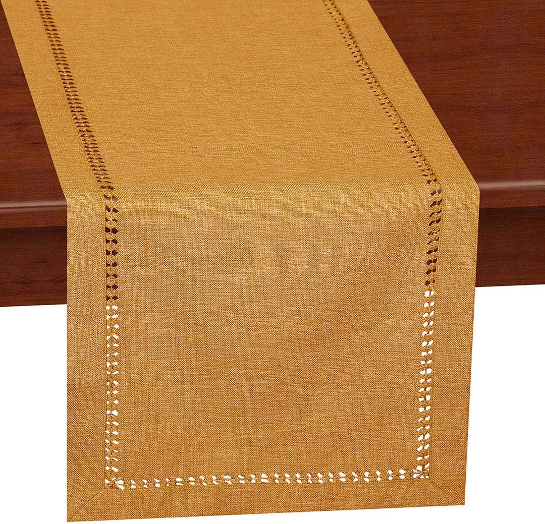 Grelucgo Handcrafted Solid Color Dining Table Runner, Dresser Scarf, Double-Hemstitched (Mustard Gold, 14 x 36)