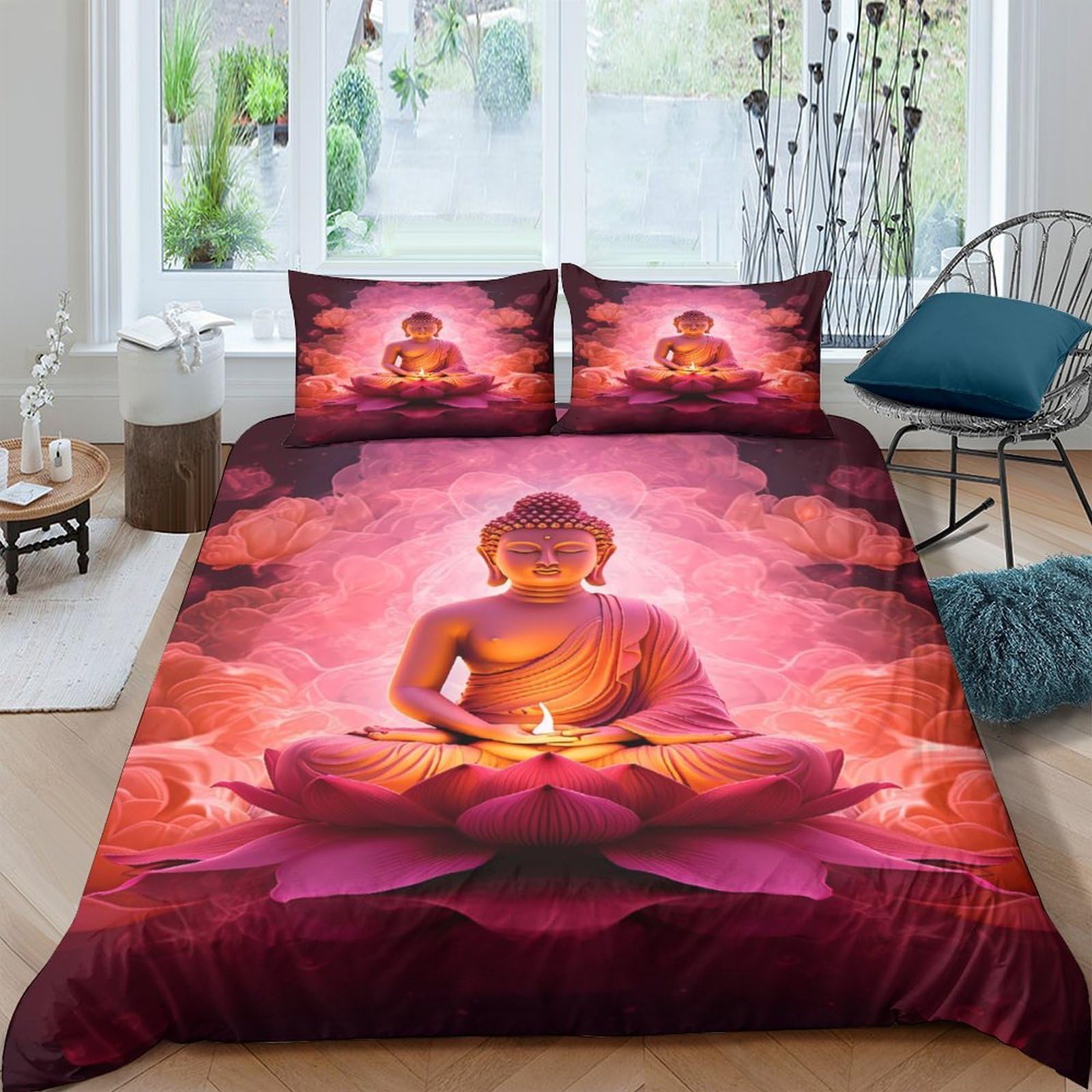 GPLZQXKJNH 3D Printed Buddha Lotus Duvet Cover Microfiber Soft Breathable Meditation Zen Quilt Cover Set with 2 Pillowcases for Bedroom Home Decor, Single（135x200cm）