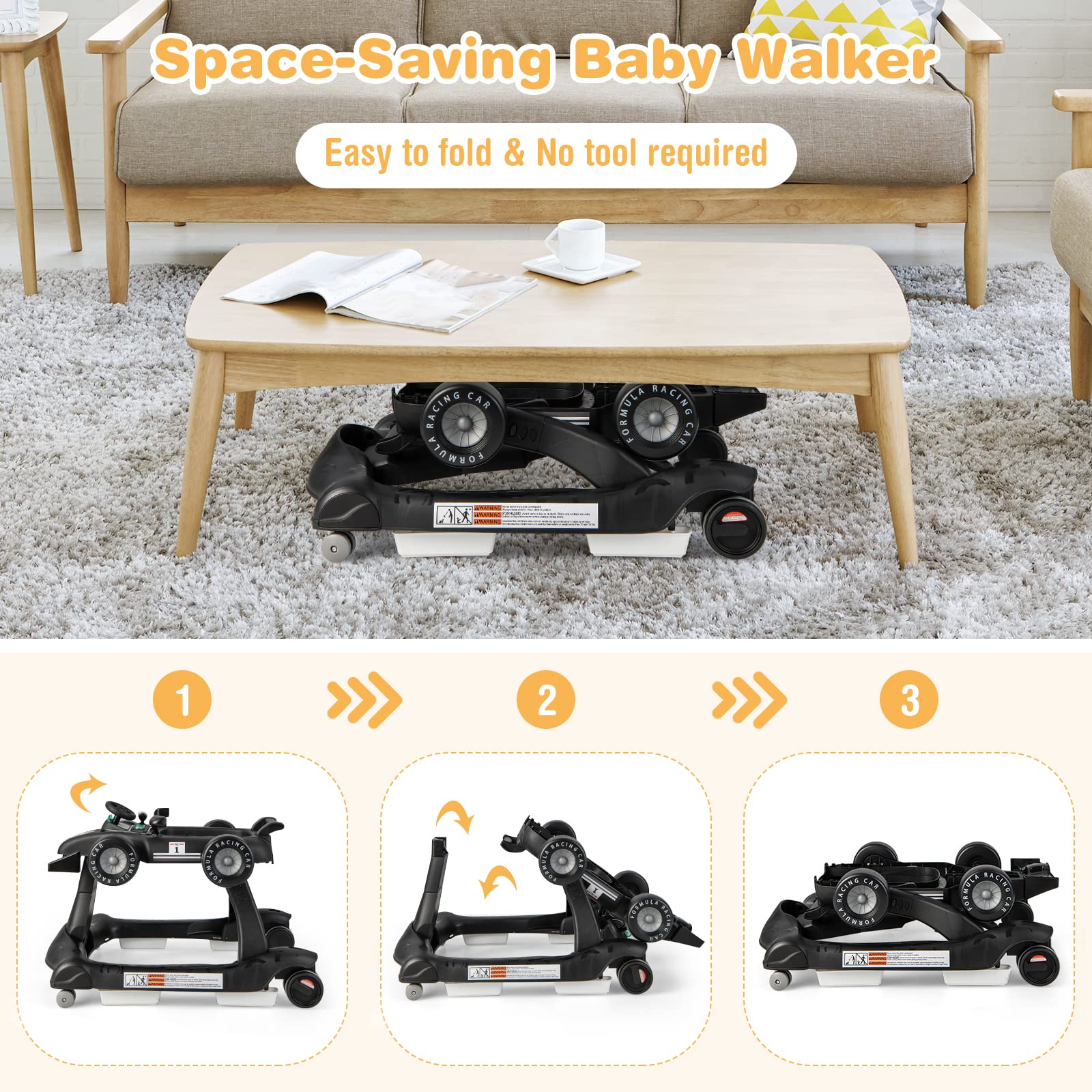 RELAX4LIFE 4 en 1 Andador para Bebés 6-18 Meses, Andador Plegable con Altura Regulable en 3 Niveles, Tacatá Bebés con Luces, Sonidos y Velocidad Controlable, 64 x 73 x 50,5-55,5 cm (Negro) — view 6