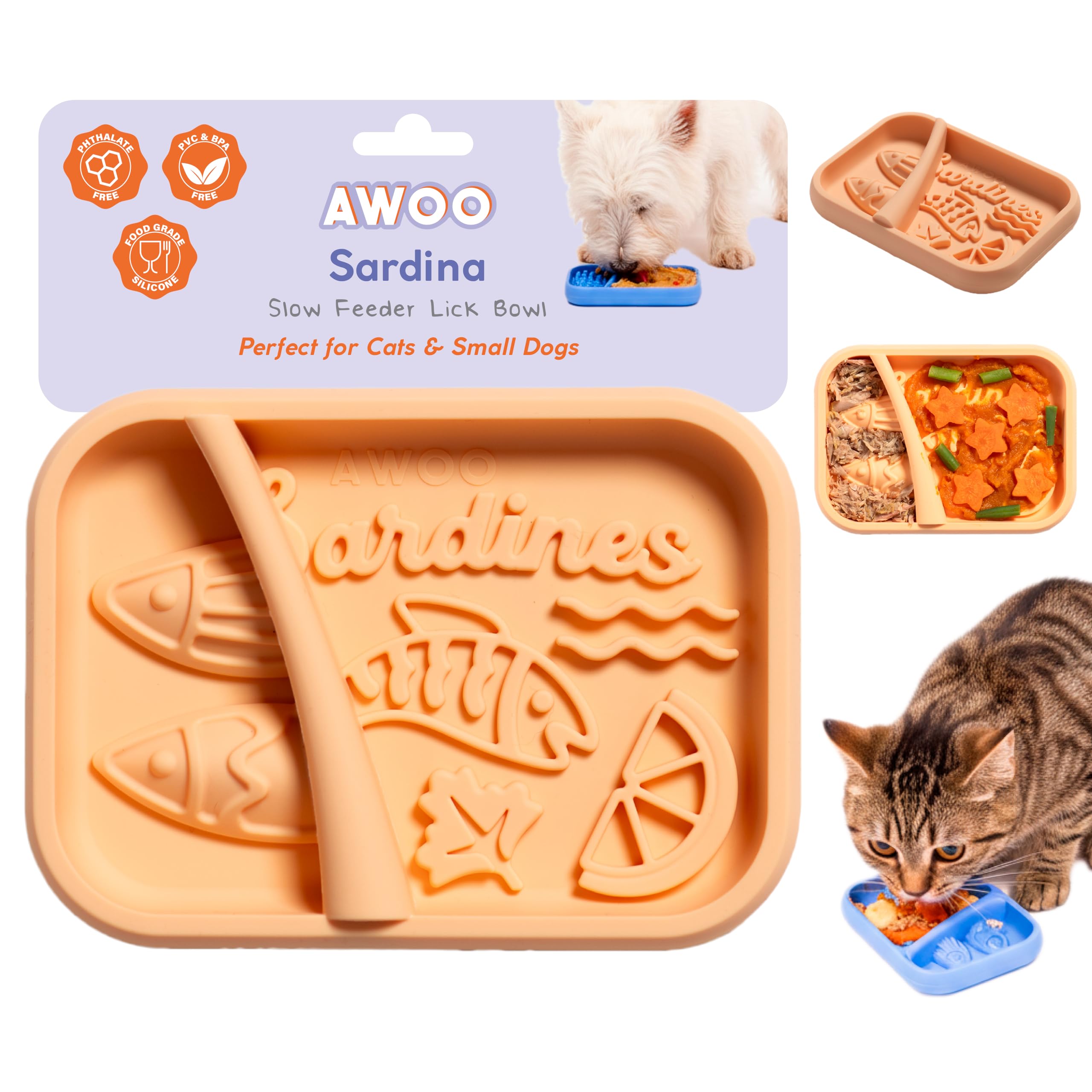 Awoo Sardina - Silicone Dog & Cat Lick Mat + Slow Feeder with Suction Cups - Non-Slip, Dishwasher Safe Pet Dish - Extends Mealtime for Fast Eaters & Reduces Anxiety - for Wet & Dry Food (Melon)