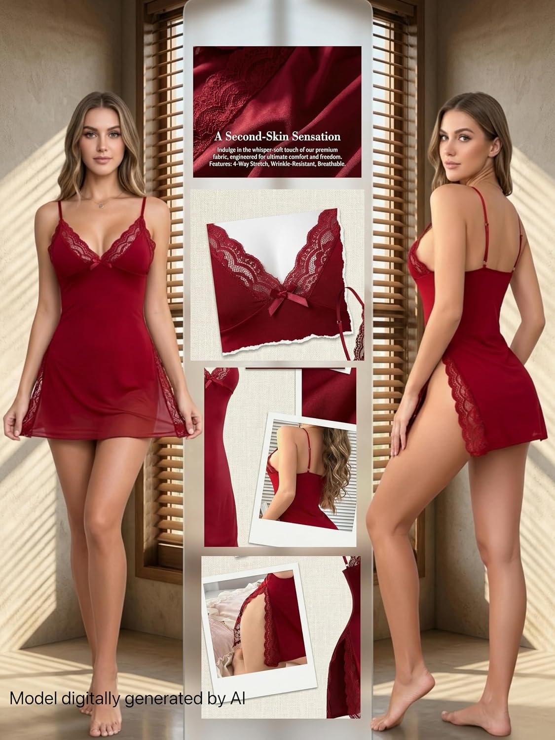 Women's Babydoll Lingerie Sexy Lace Chemise with V-Neck Silky Stretch Sleepwear S-2XL