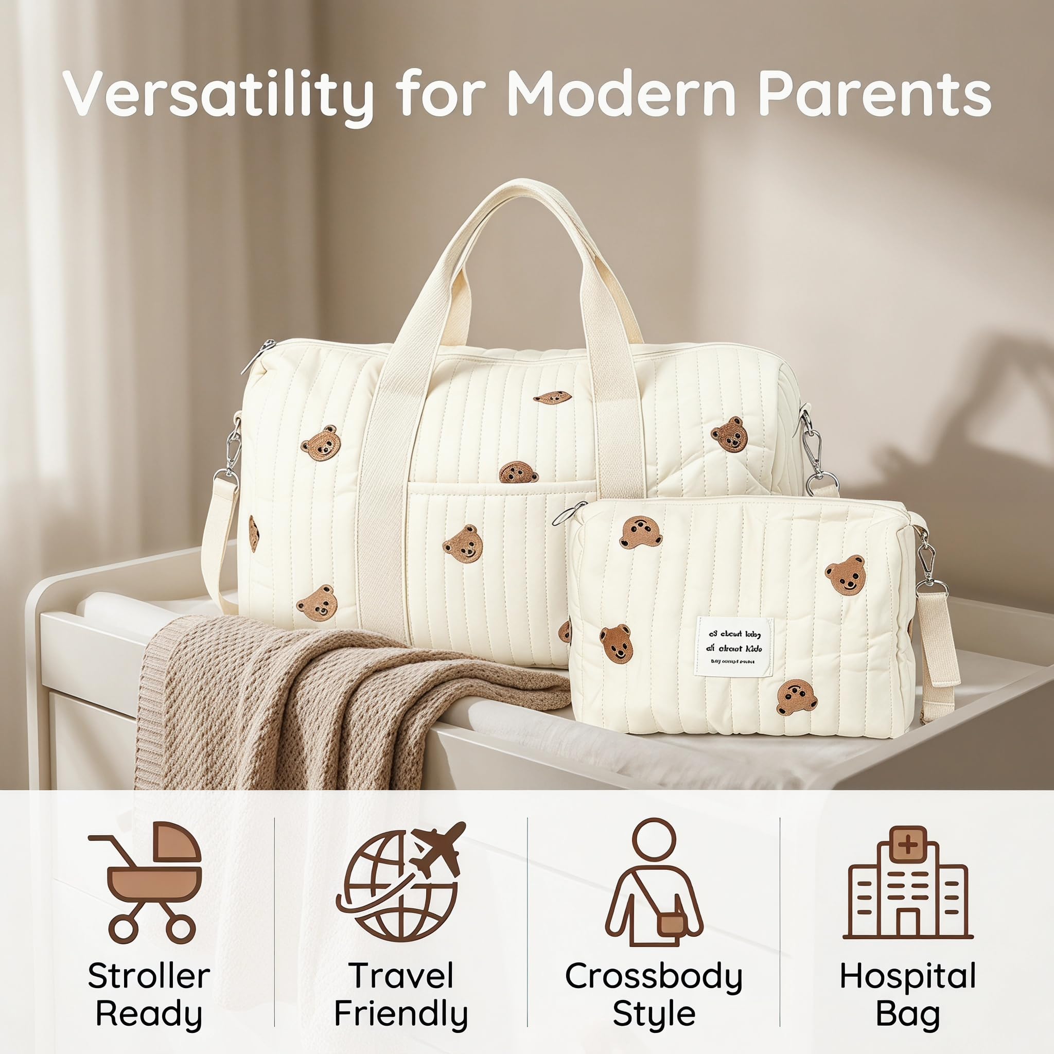 2er-Set Baby Wickeltasche Kliniktasche Reisewindeltasche Tragetasche Baumwolle Henkeltaschen Mom Bag Diaper Bag Wickeltasche für Unterwegs, Geburt im Krankenhaus, Reisen, Kinderwagen