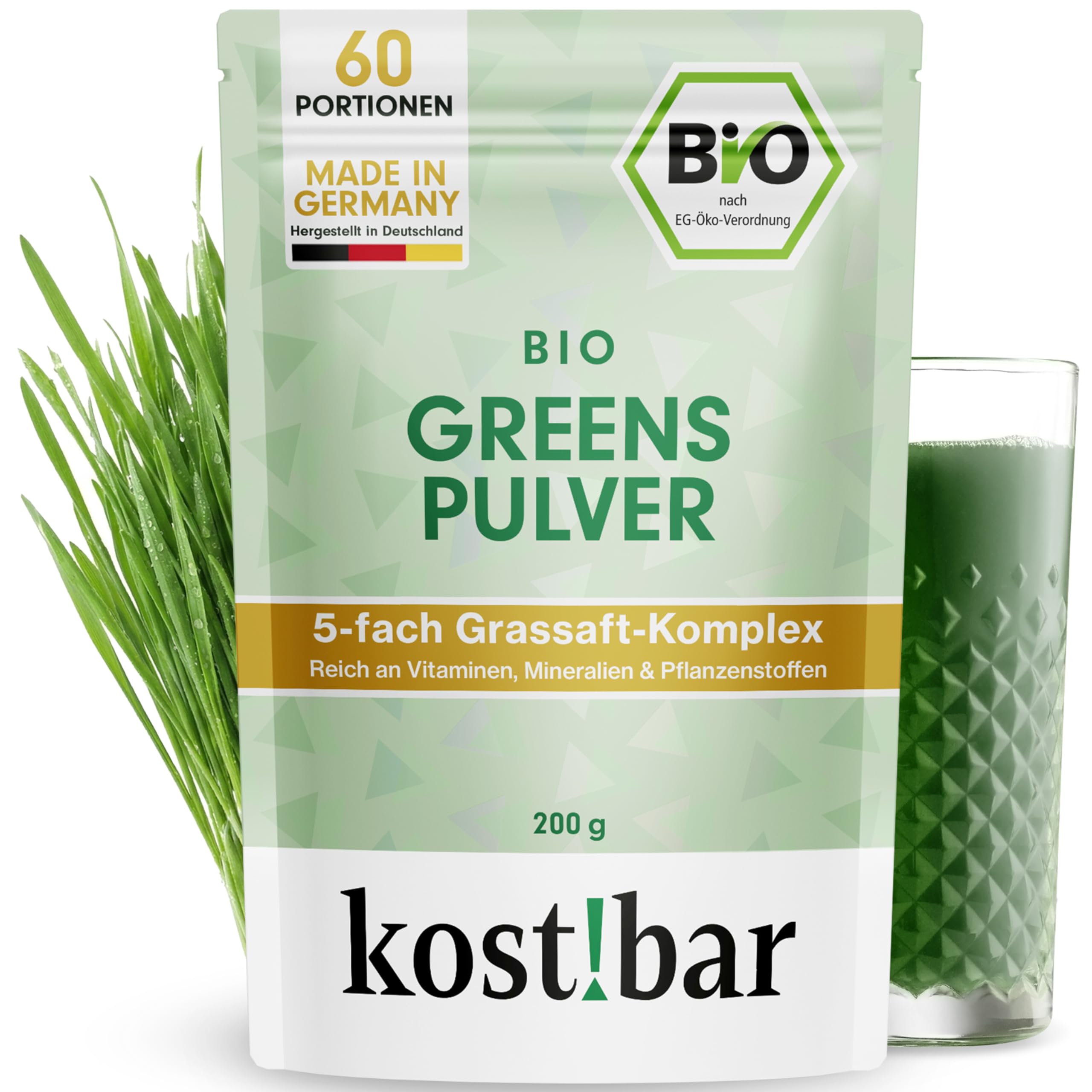 BIO Greens für natürliche Nährstoffversorgung – reich an Vitamin A, D, B9, B12 & Kalium – 33-fach konzentriertes Grassaftpulver aus Gerstengras, Weizengras, Alfalfa, Hafergras & Kamut – ohne Zusätze