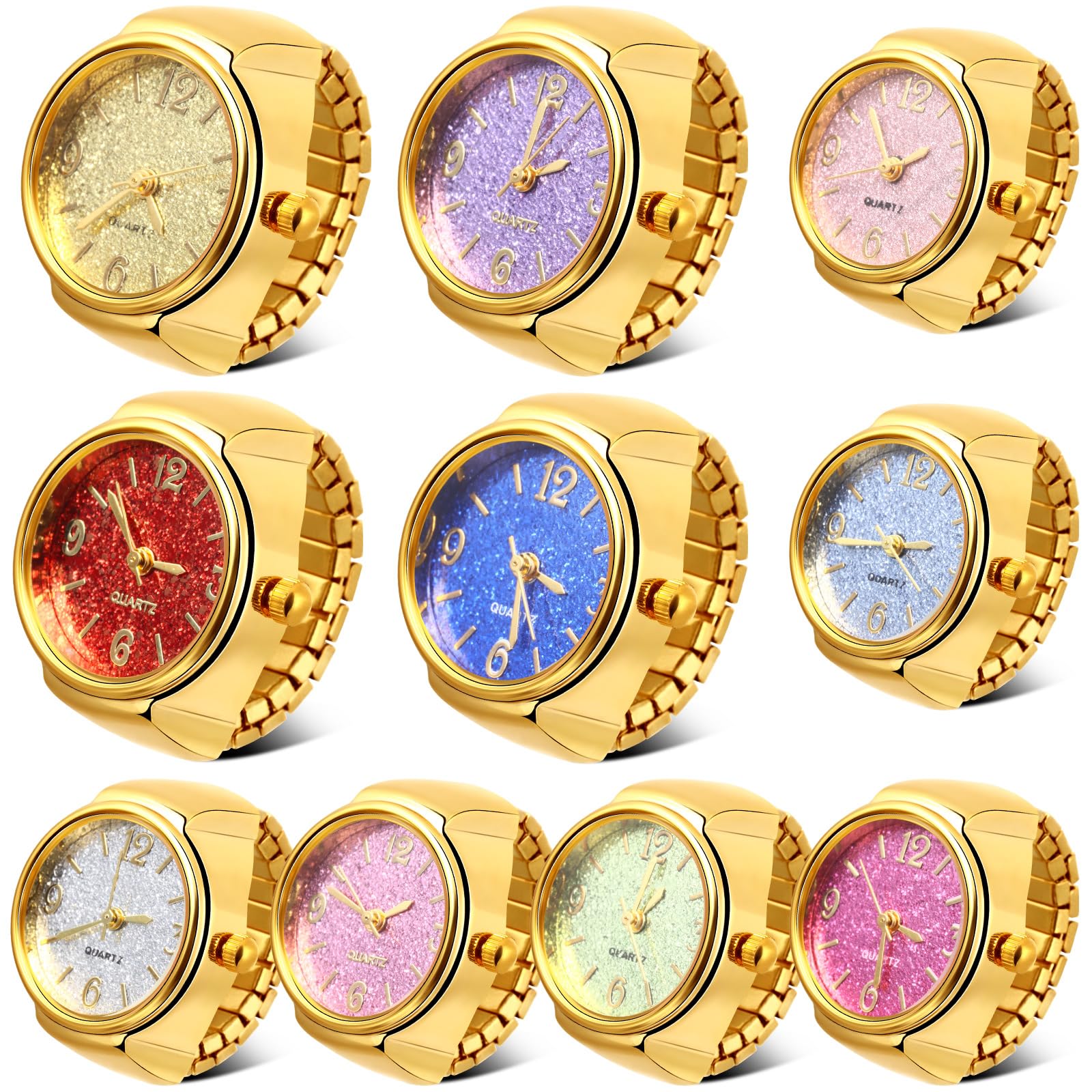 Landical 10 Pcs Finger Watches Ring for Women Men Adjustable Clock Rings Bulk Creative Elastic Round Quartz Finger Ring Watches
