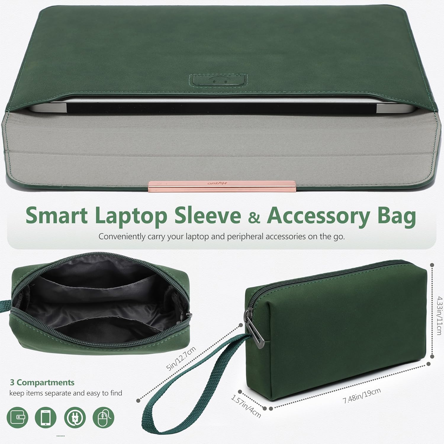 HYZUO 13 Inch Laptop Sleeve with Stand Feature for MacBook Air 13 M4 M3 M2 M1 2026-2018, MacBook Pro 13 M2 M1, 13" iPad Pro/Air, Surface Pro, with Carry Bag, Midnight Green(Smiley) - Image 2
