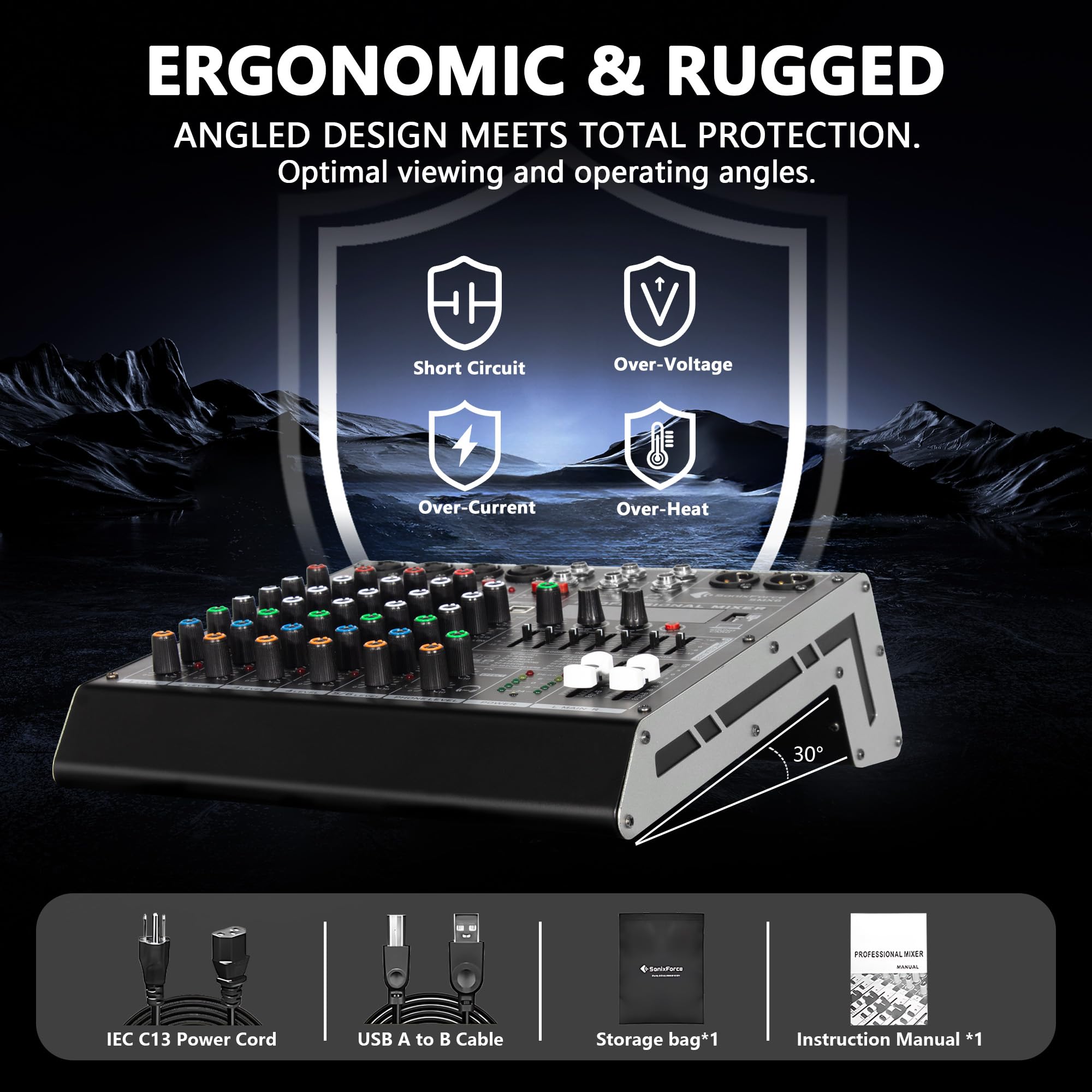 Table de mixage professionnelle 6 canaux Interface numérique USB MP3 Entrée 48 V Phantom Power Stereo DJ Studio FX Châssis en acier, noir Bluetooth USB Audio Mixer pour PC